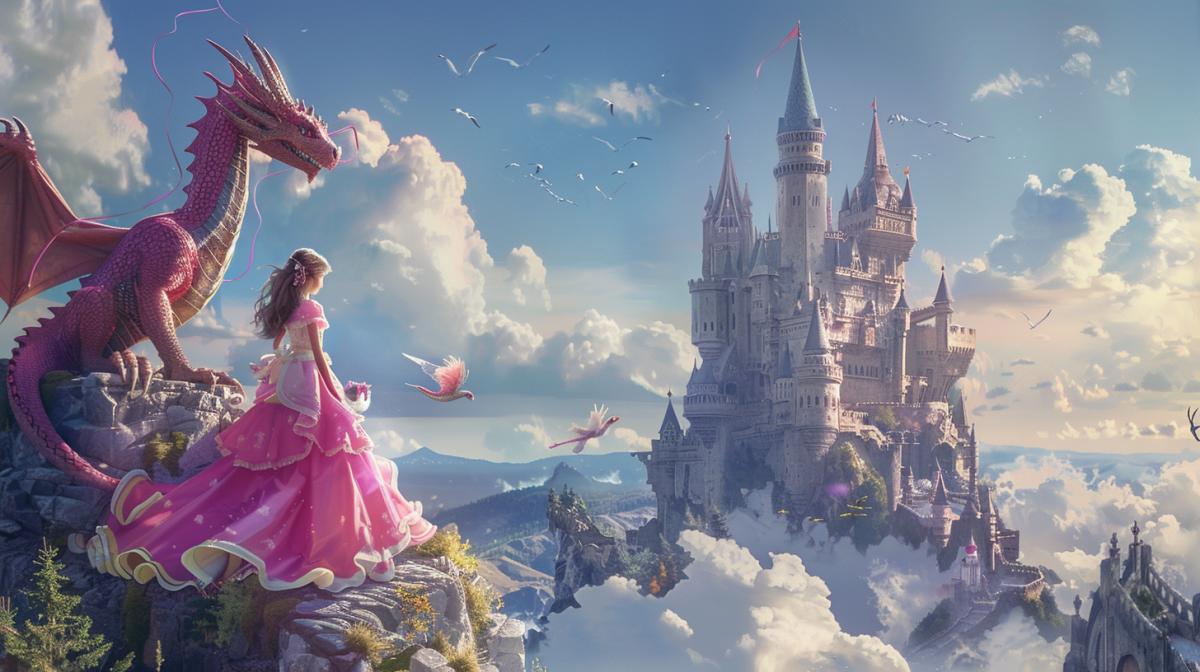 The dragon princess from in a pink dress with cute toys for girls against the background of the Swallows Nest castle, the atmosphere of a childrens romantic film, high quality, maximum details