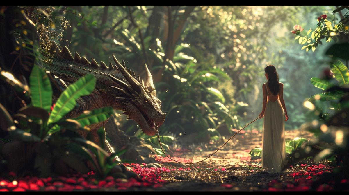 Princess walking a flying dragon on a leash, nice atmosphere, soft lighting, tropics