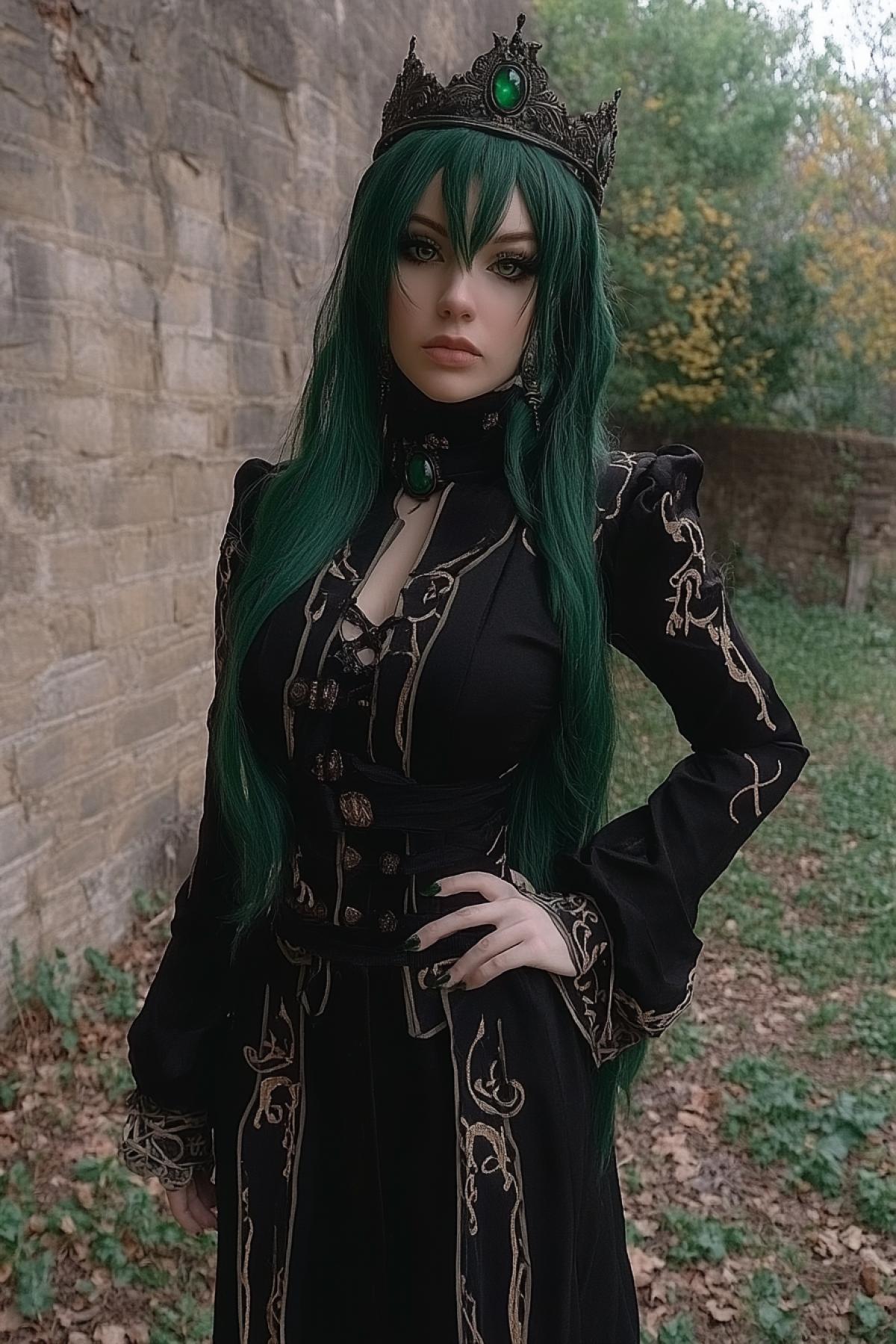 A princess wearing a crown with green hair in a very beautiful dress with emeralds, at night in the middle of the northern lights, dramatic shot