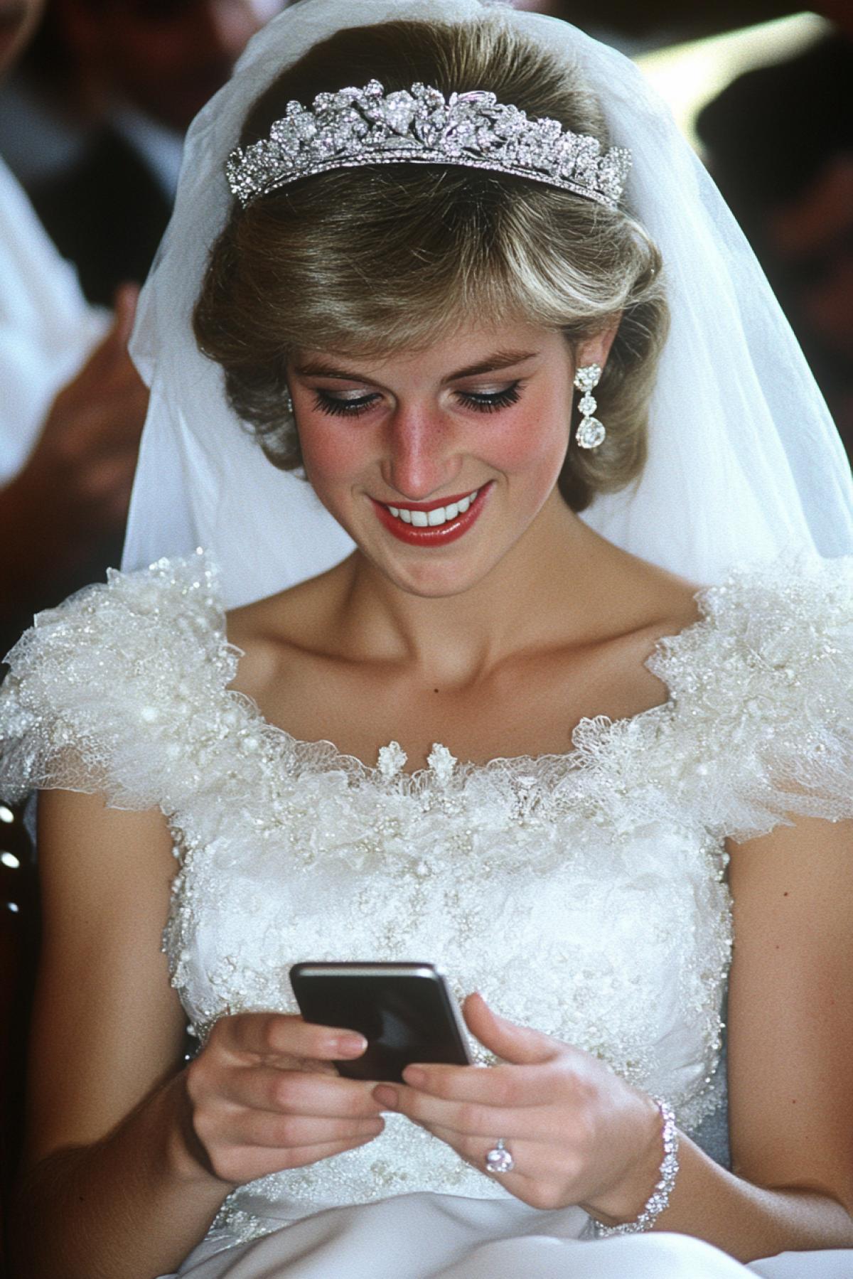 Princess Diana sits in a chair with a smartphone, frame in 90s style