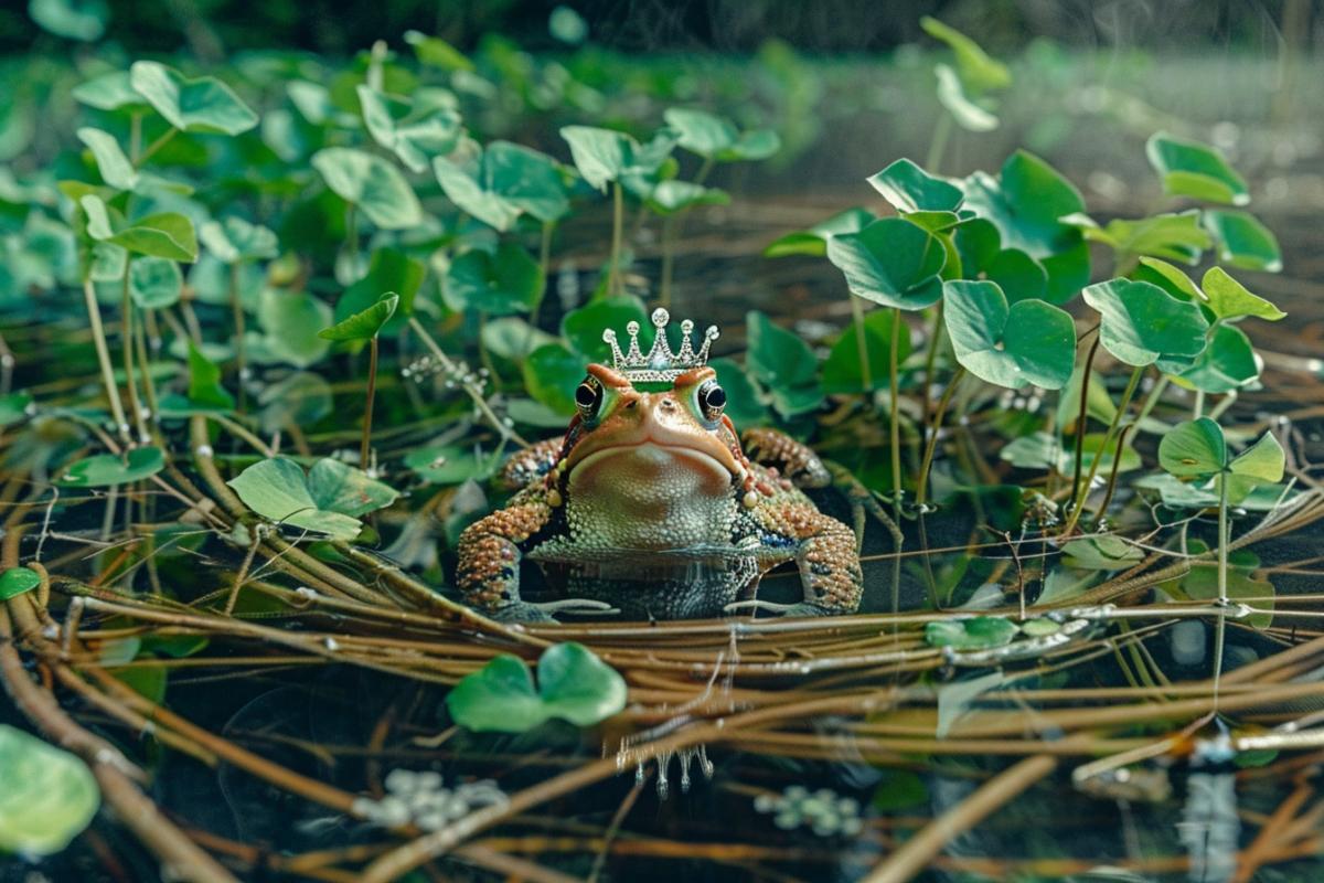 A big toad in a crown sits in a swamp