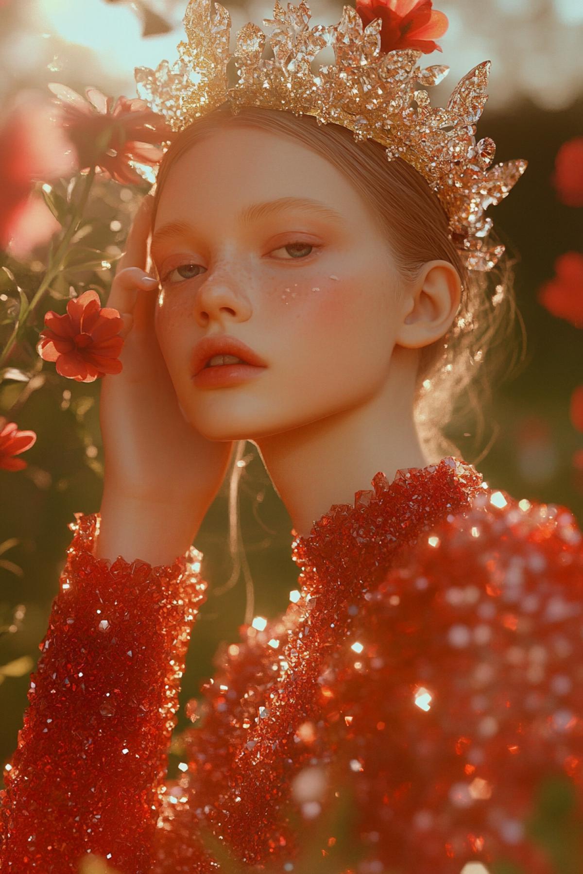 1 girl and one young man blond, in a red robe made of red glass shards and a golden crown made of glass flowers and shards in a secret garden, shimmering in the sun, refraction of light through glass, dark red and gold color palette, in the style of Carsten Meyerdjerckx chaos 20 ar 5:6 style raw v 6.1 stylize 1000 personalize ibwzpz2