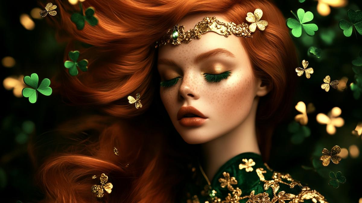 detailed up looking downward beautiful redhead model long hair and ornate green gold dress gold band on forehead dissolves into glittering green and gold shamrocks, surreal, mystical, flying gold shamrocks, 8K, dramatic lighting