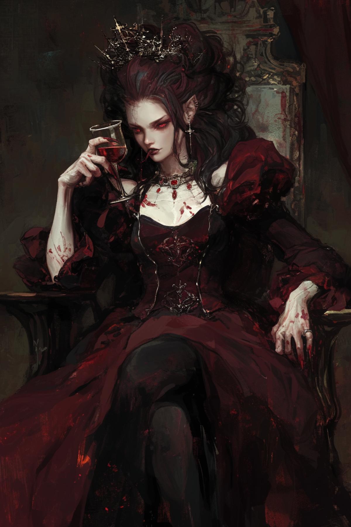 Vampire princess, sitting on a dark throne, dark burgundy dress, dark hair , red eyes, dark sharp crown of bones, holding a goblet of red wine, maroon spots of red wedge syrup on his face, licking his lips , horror style , by Yōji Shinkawa, Gerald Brom, highly detailed, packed with hidden details, style, high dynamic range, hyper realistic, realistic attention to detail, highly detailed, 32K, intense close ups, uhd image, realism, colorful realism