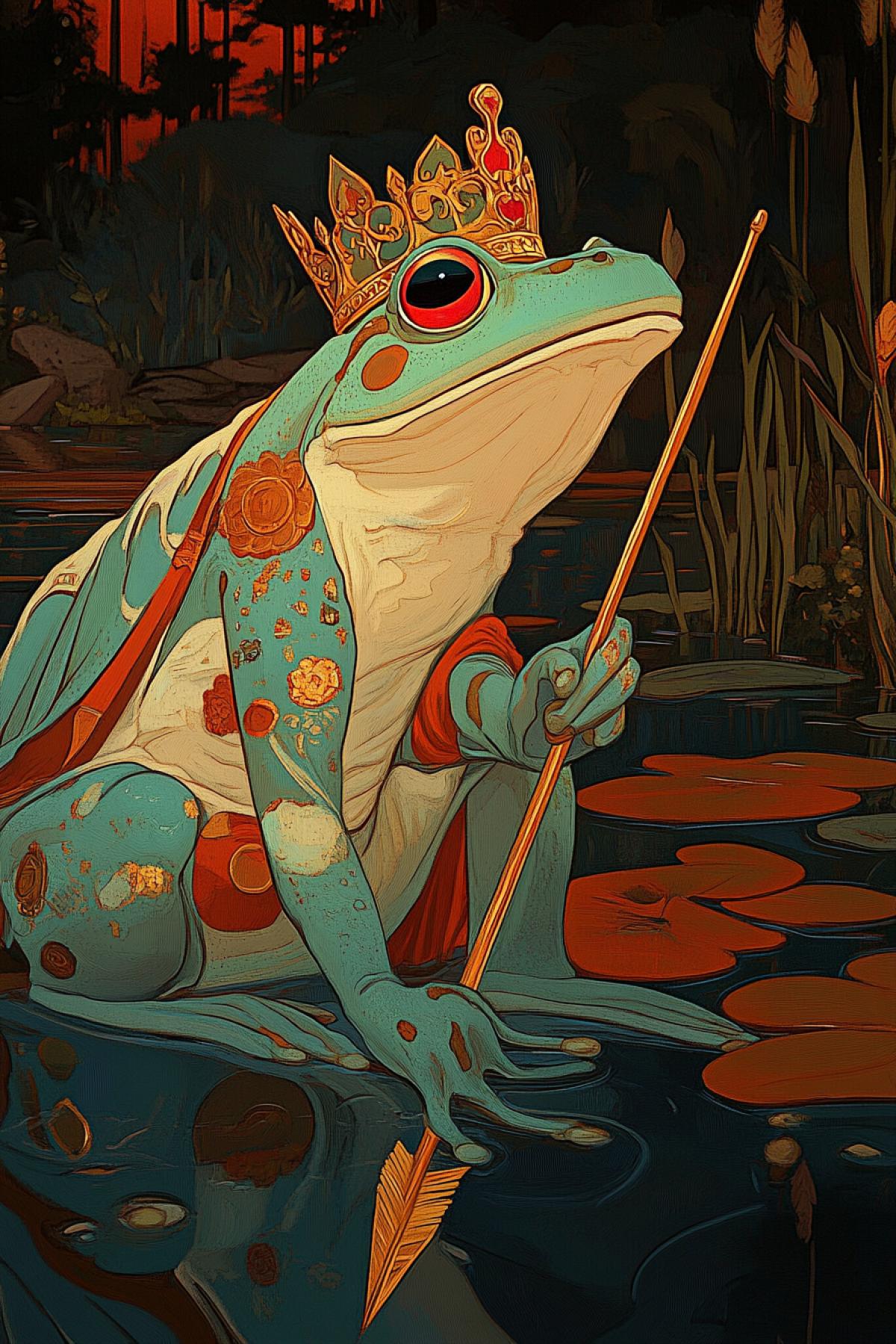 A frog with a golden crown is a princess, at her feet there is a golden arrow, towards which the prince is leaning, in the style of Karl Schratmann