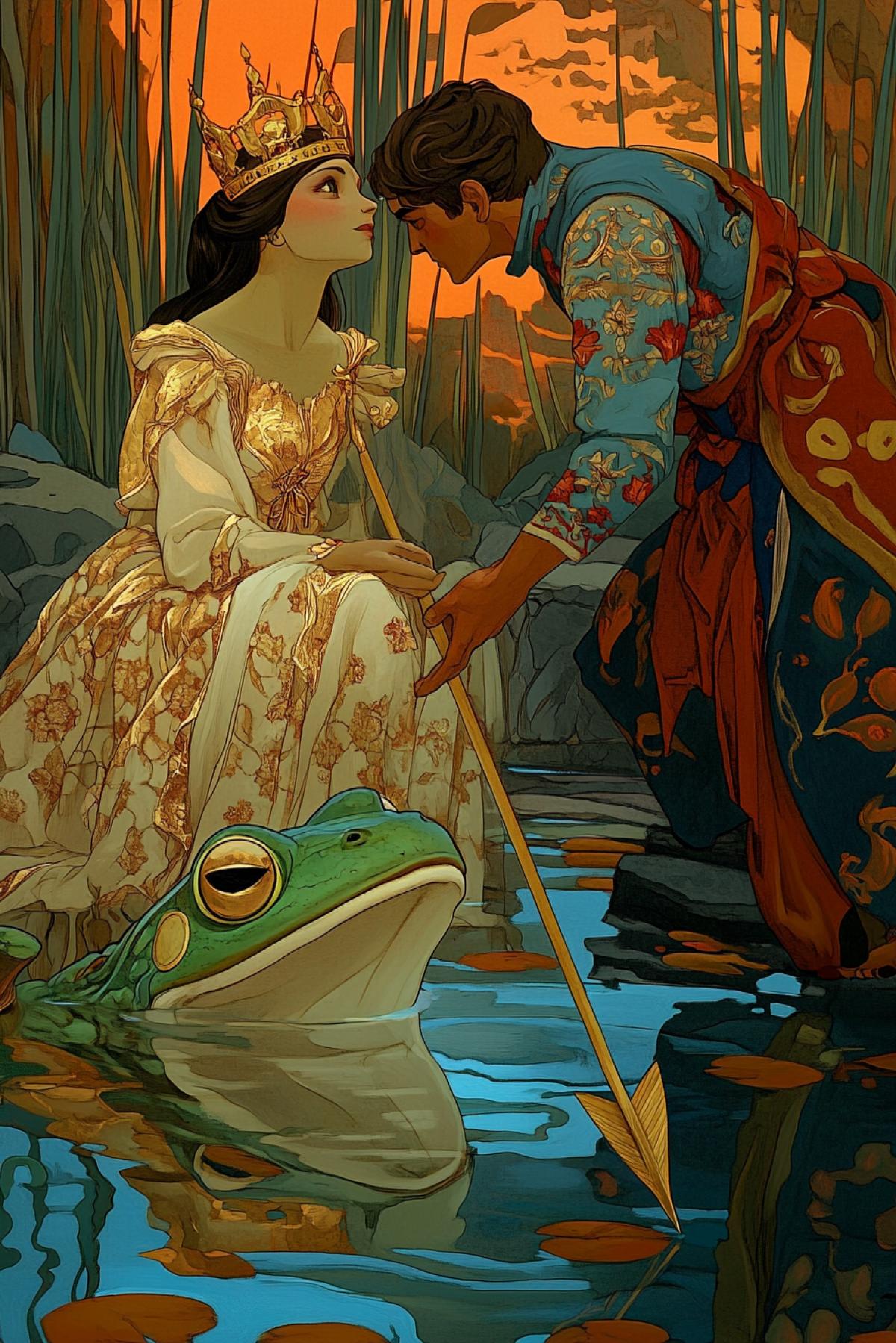 A frog with a golden crown is a princess, at her feet there is a golden arrow, towards which the prince is leaning, in the style of Karl Schratmann