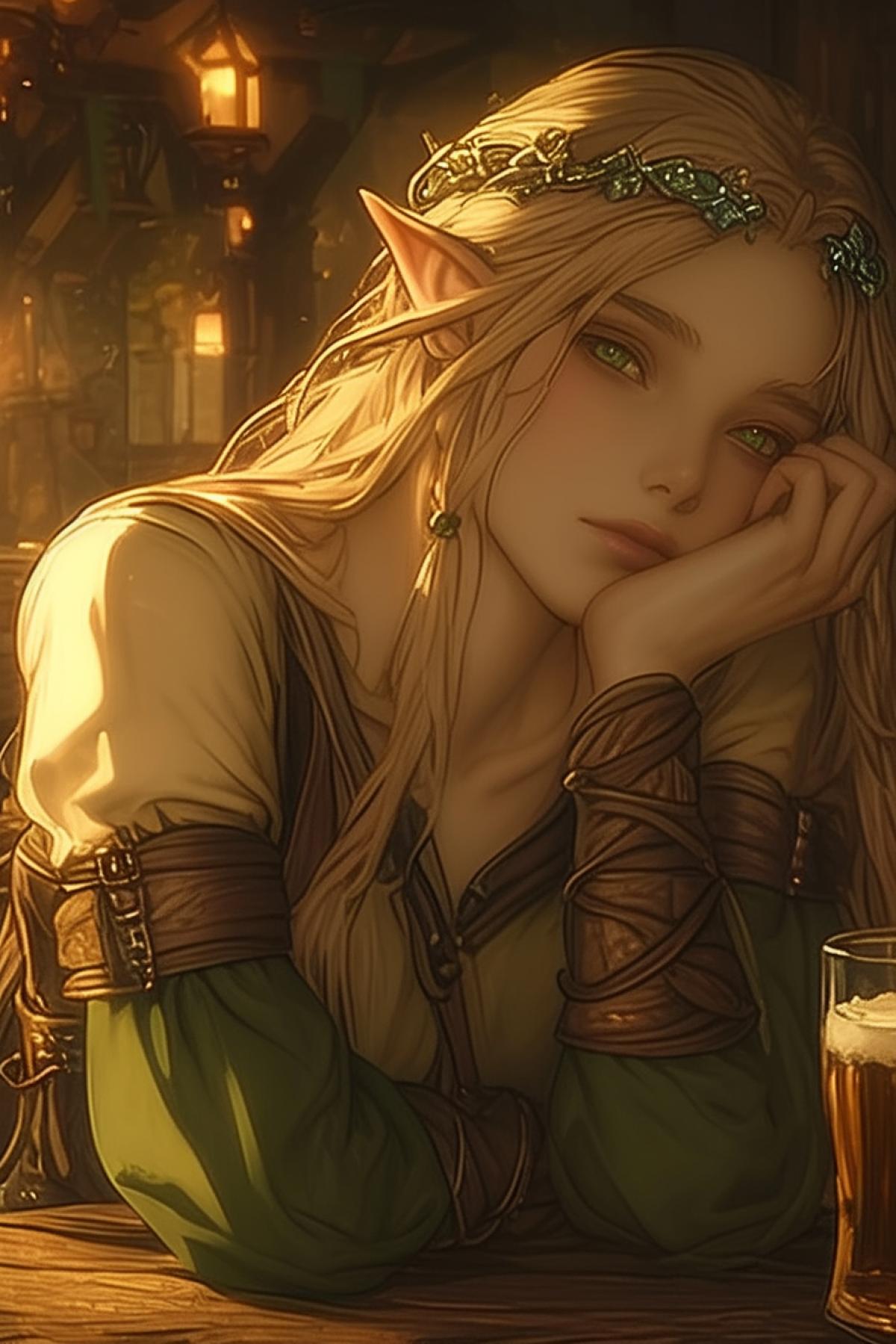 Elven princess sitting in a medieval tavern, beer on the table, crown on her head , forest crown on her head