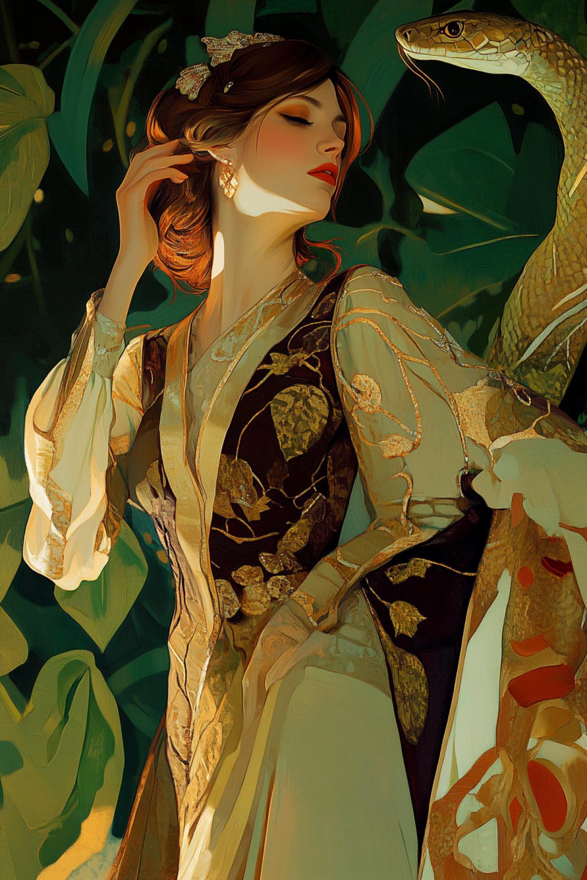 Bride of the snake, in the style of Karl Schratmann, princess, snake, bright fairy tale