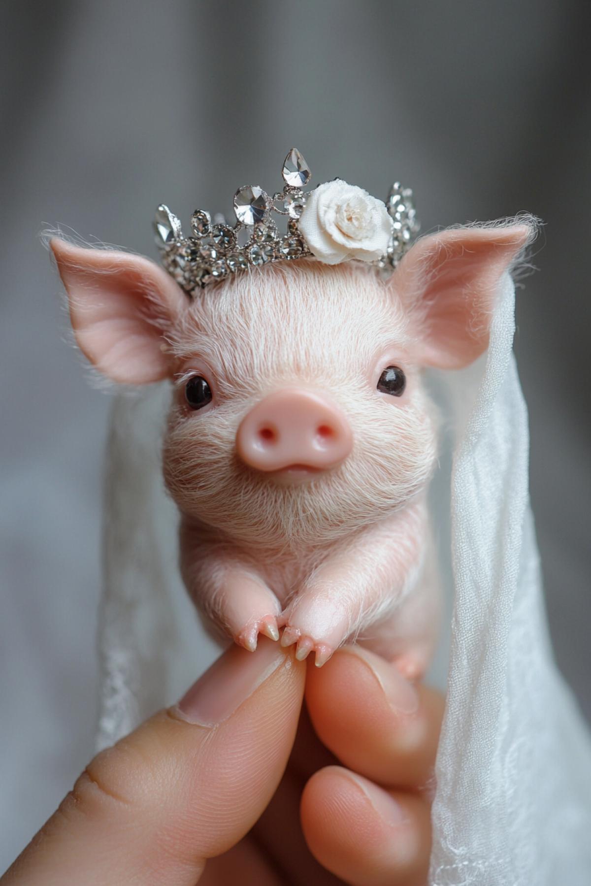 Here is the image created based on your description. It features a character in macro photography with a pocket-sized cute pink pig holding the tip of a finger. The pig is adorned with a crystal crown and a white veil, exuding immense cuteness and surrealism.