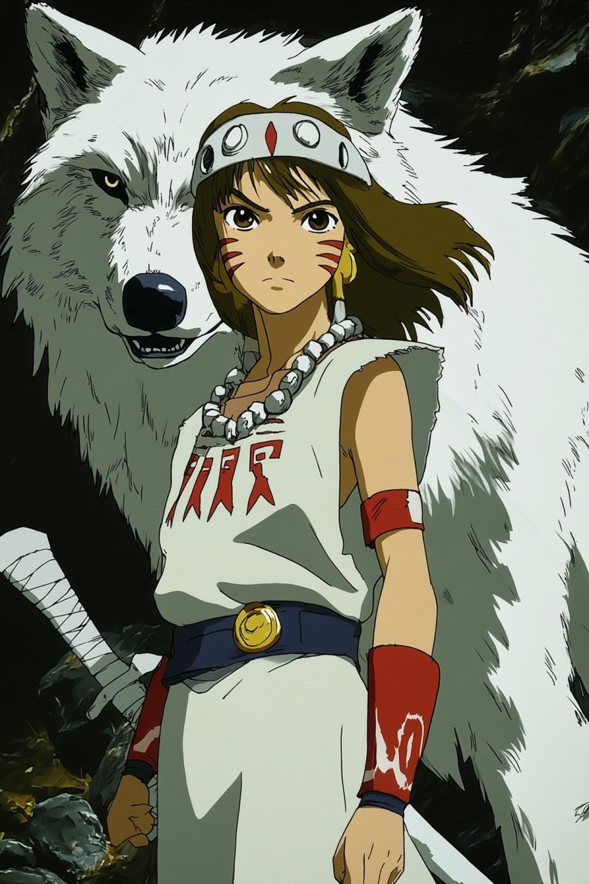 Princess Mononoke has a white dagger with petroglyphs in her hand, in the other she holds her fancy hat-helmet, with her totem friend a big white wolf