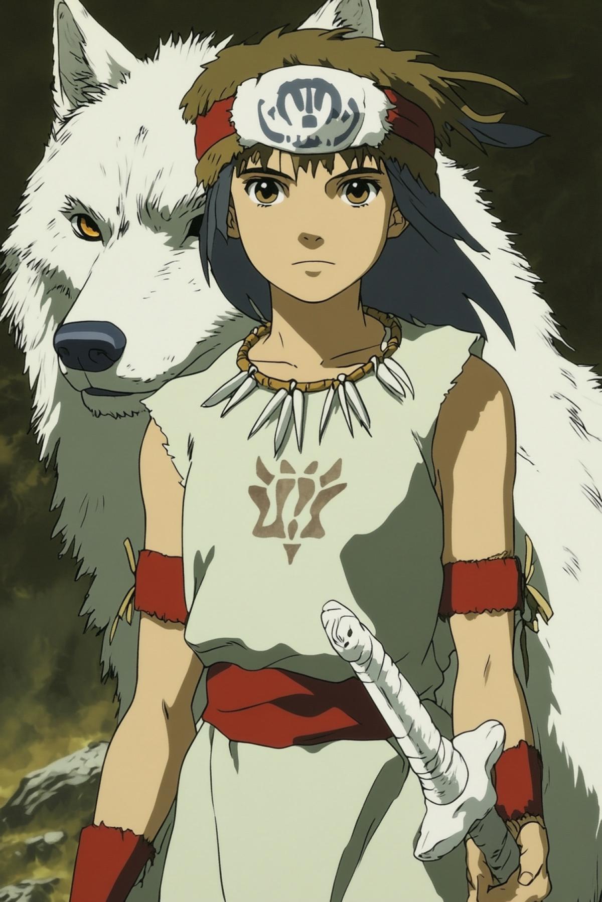 Princess Mononoke has a white dagger with petroglyphs in her hand, in the other she holds her fancy hat-helmet, with her totem friend a big white wolf