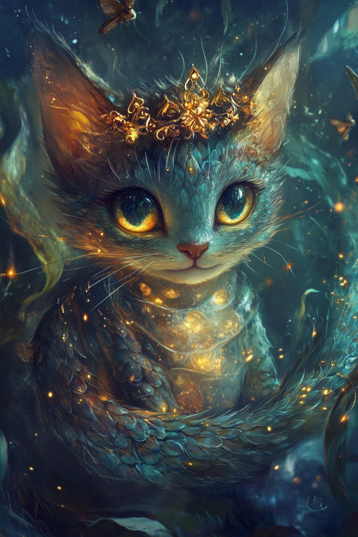 cute dragon kitten in scaly dress, fireflies, galaxy print, glowing eyes, delicate golden crown on head