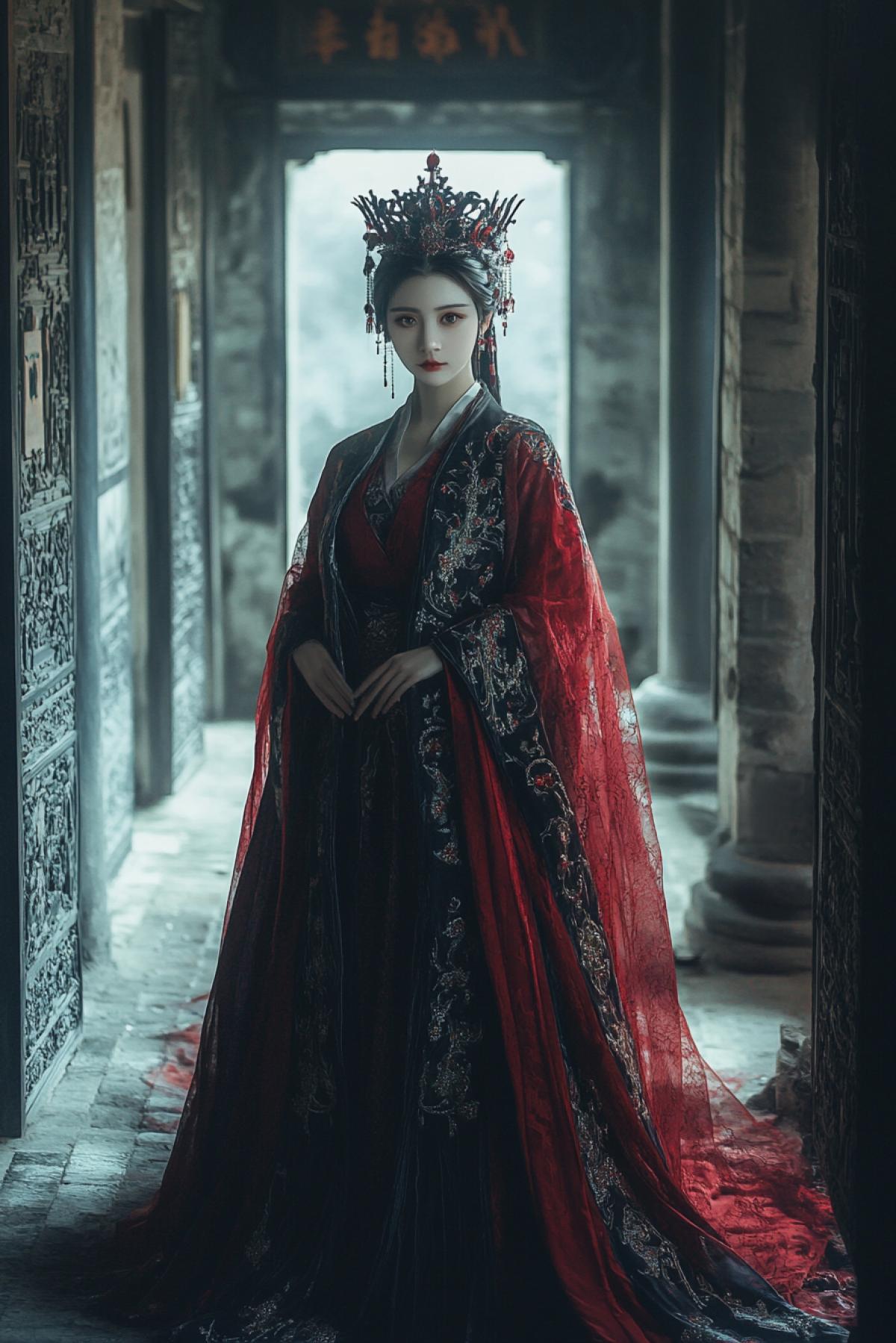 Chinese style ancient costume beautiful princess, wearing dark and red Hanfu with crown on her head standing in a dark castle hall background. dark stone walls surround the room with dark tones and Chinese fantasy aesthetics. It has the meticulous details of and hair in the style of movie stills and photography, beautiful mystical light and atmospheric