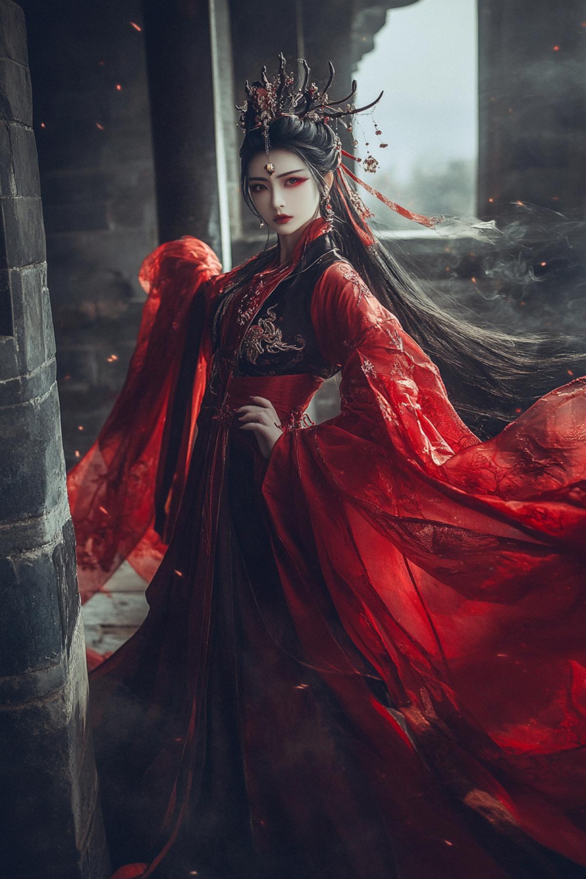 Chinese style ancient costume beautiful princess warrior, wearing dark and red Hanfu with crown on her head flying in the dark skies, dark stone walls surround the room with dark tones and Chinese fantasy aesthetics. It has the meticulous details of and hair in the style of movie stills and photography, beautiful mystical light and atmospheric, dynamic