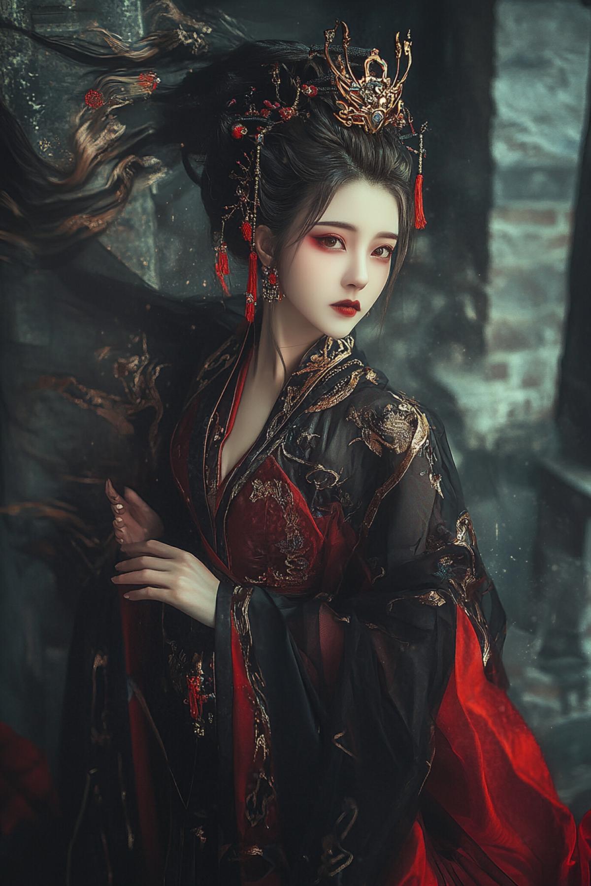 Chinese style ancient costume beautiful princess warrior, wearing dark and red Hanfu with crown on her head flying in the dark skies, dark stone walls surround the room with dark tones and Chinese fantasy aesthetics. It has the meticulous details of and hair in the style of movie stills and photography, beautiful mystical light and atmospheric, dynamic
