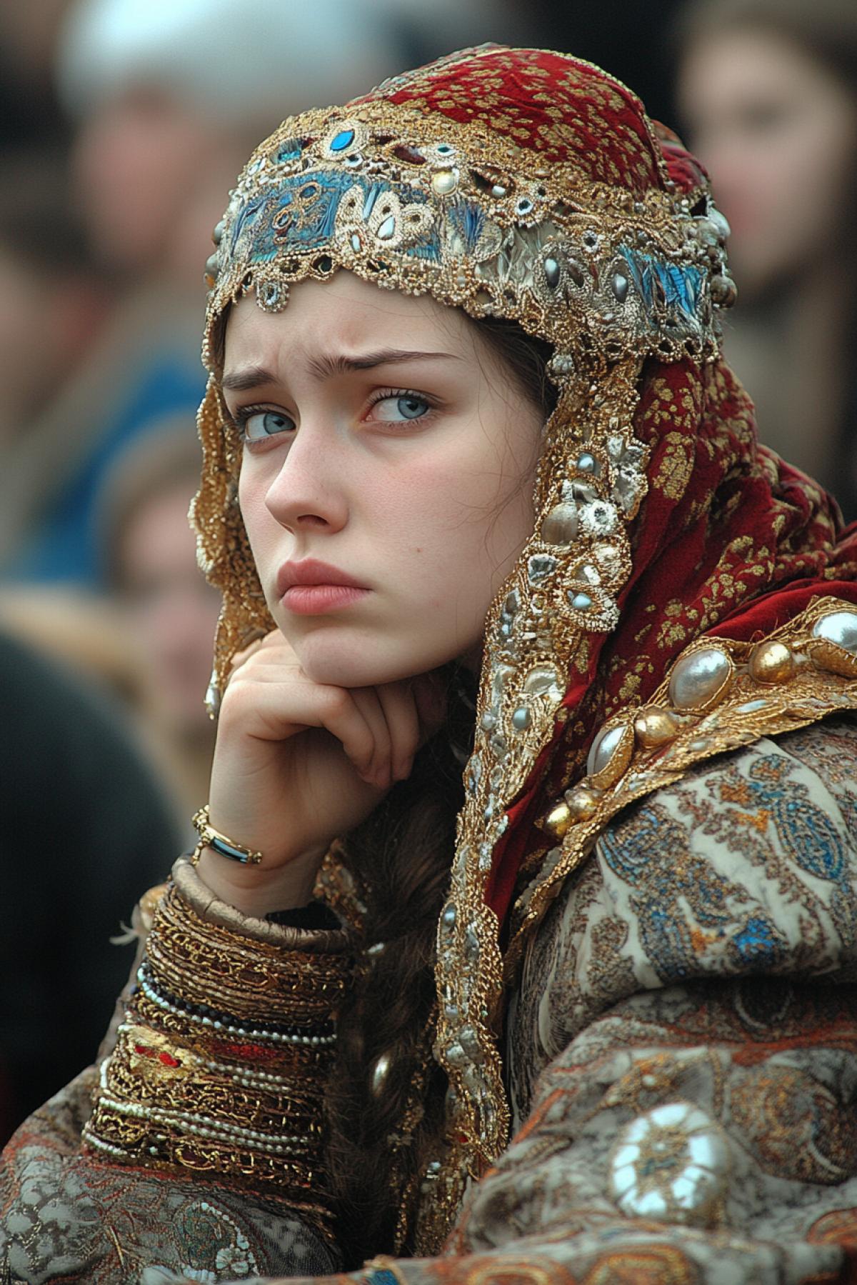 A richly dressed princess of ancient Rus, deep in depression, watches a stand-up concert. On her face are sadness, sorrow, and boredom.