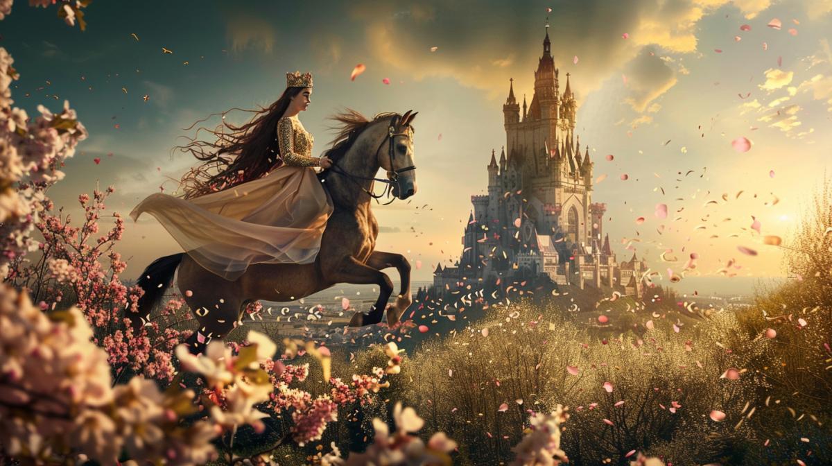 A princess in a crown with flowing hair on a rearing horse in a blooming garden against the backdrop of a fantastic castle. Staged shot of a photo shoot, contour lighting, maximum details