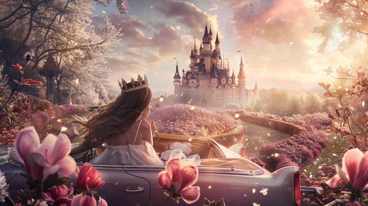A princess in a crown with flowing hair in a convertible in a blooming garden against the backdrop of a mystical castle. Staged shot of a photo shoot, dynamic lighting, maximum details