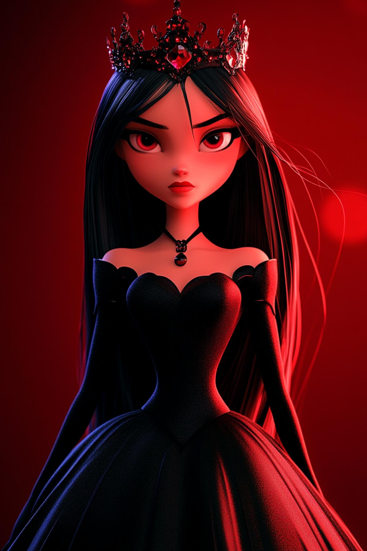 cartoon princess in a diadem of the underworld in a dark shiny dress, mystery, philosophy, flicker, photoshop, and pink world