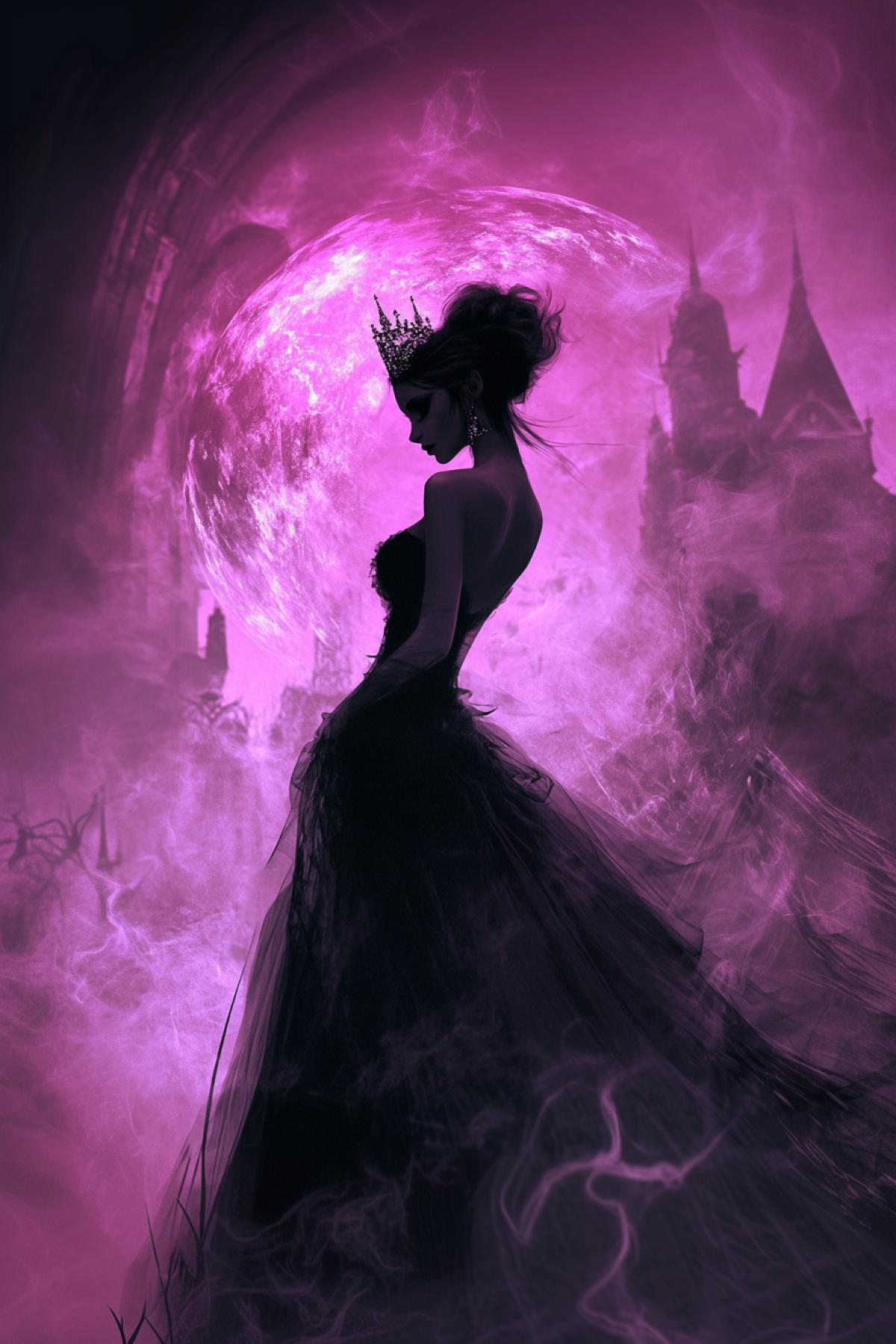 cartoon princess in a diadem of the underworld in a dark shiny dress, mystery, philosophy, flicker, photoshop, and pink world