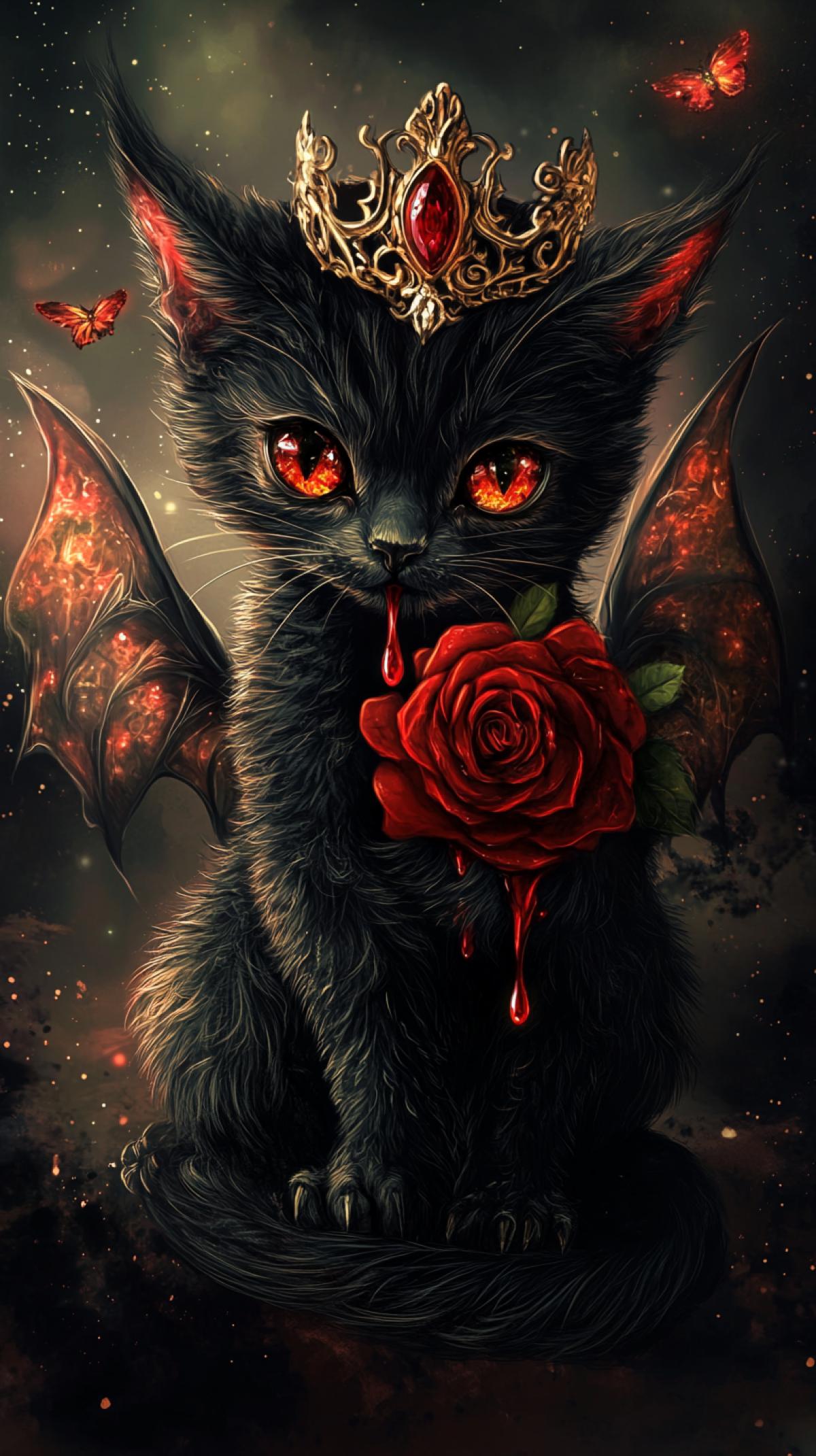 evil dragon kitten. gothic style, golden crown with rubies on head, red rose in paws with red drop dripping from it, detailed cat fur and scales, fireflies, galactic print, glowing eyes