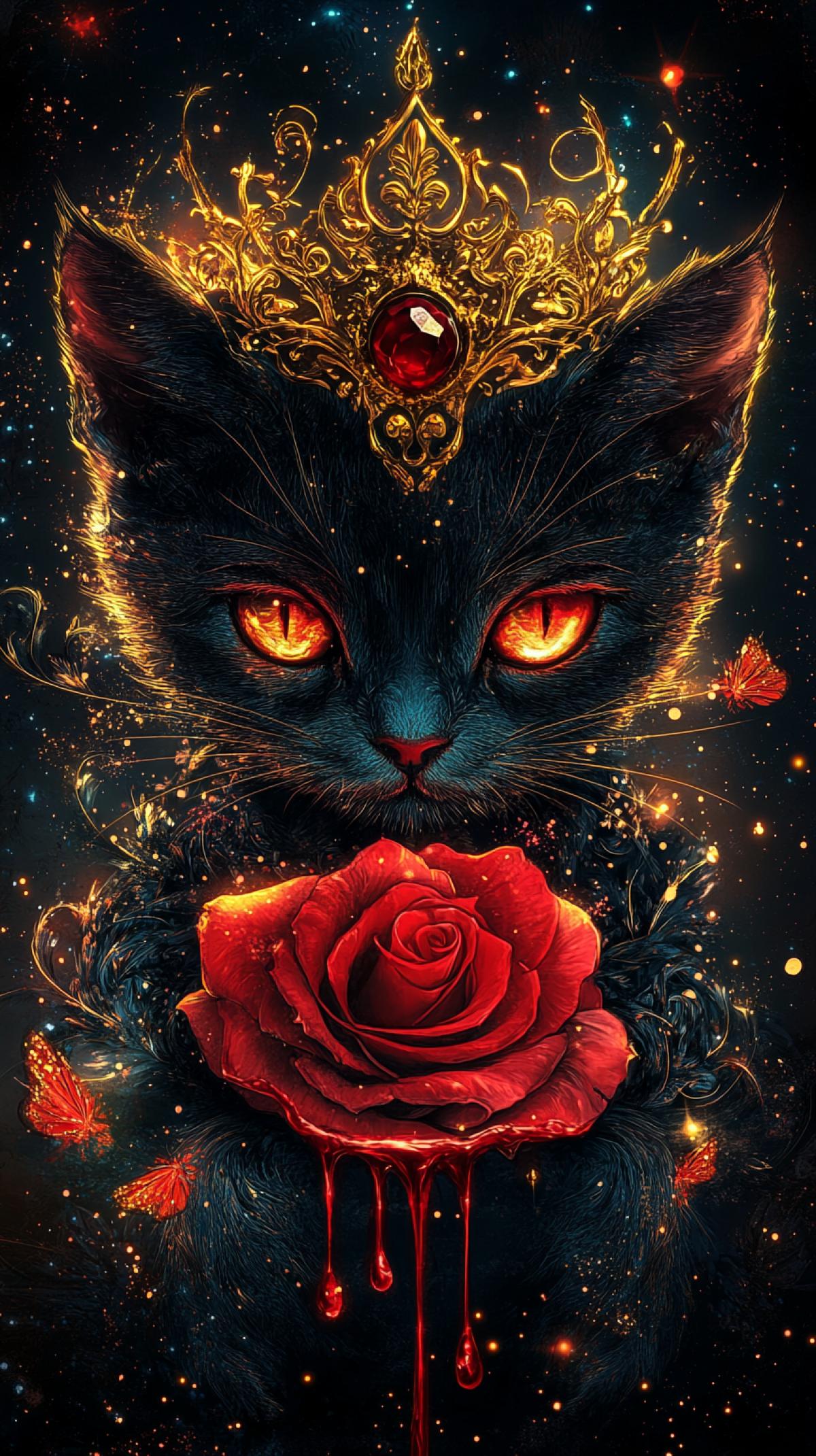 evil dragon kitten. gothic style, golden crown with rubies on head, red rose in paws with red drop dripping from it, detailed cat fur and scales, fireflies, galactic print, glowing eyes