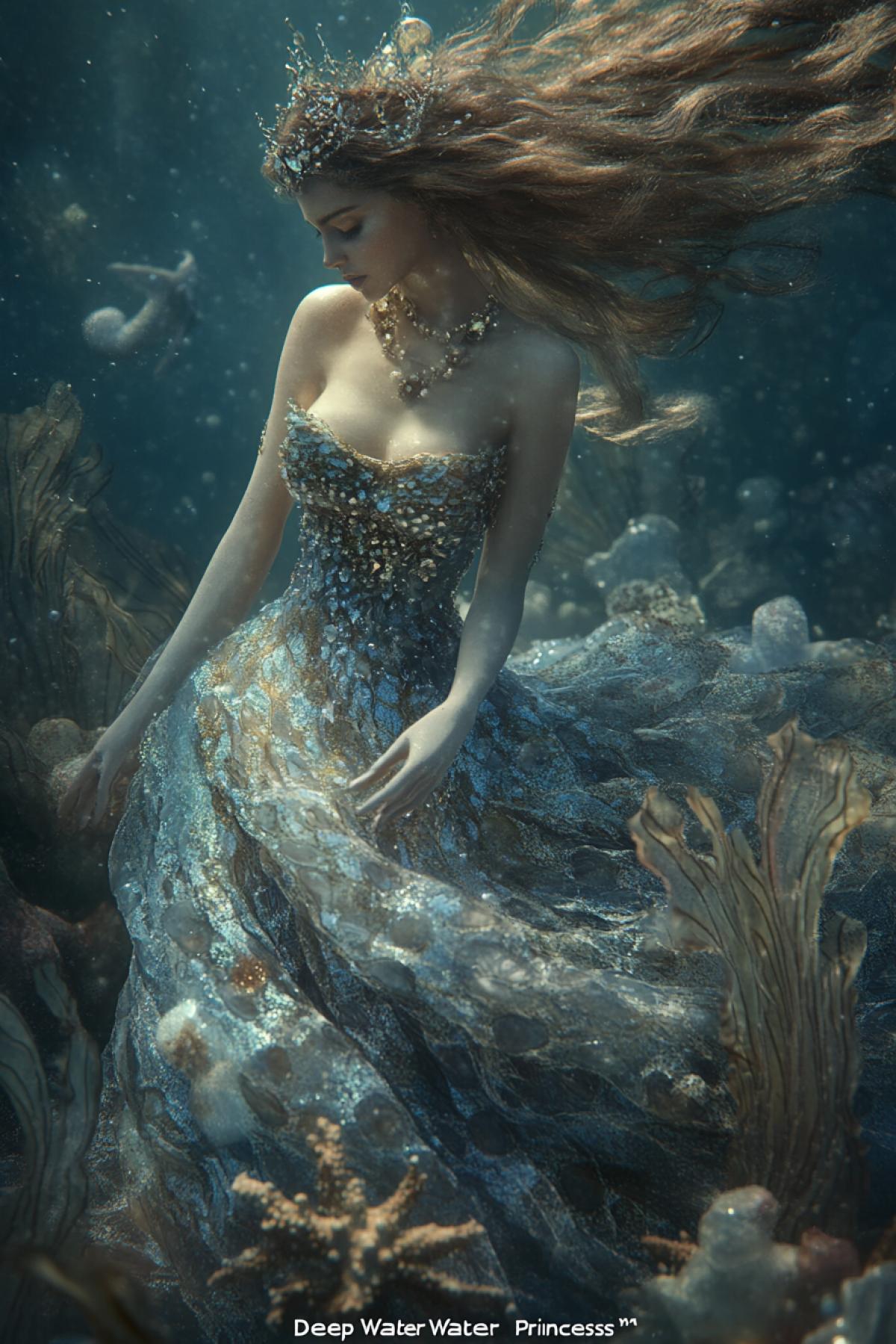 \"Deep Water Princess\": An underwater princess whose hair sways like seaweed in the ocean. Her dress is made of iridescent fish scales, with elements of coral and pearls. Instead of a crown there is a wreath of luminous starfish. Mysterious sea creatures swim around her, and she herself controls the currents and sea elements, conveying a feeling of strength and grace.