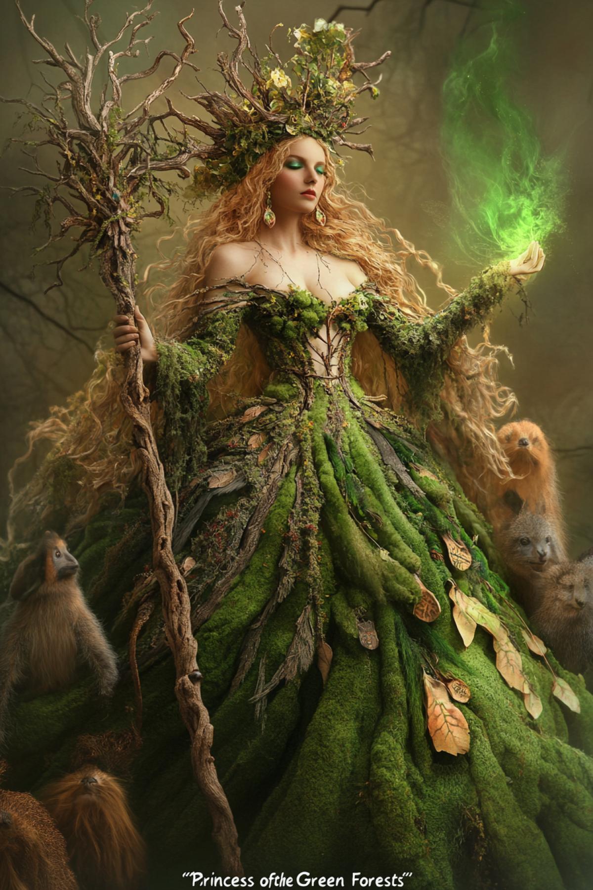 \"Princess of the Green Forests\": The princess who rules nature. Her dress is a mixture of foliage, moss and flowers, and the tree branches serve as her crown. In her hands is a staff made of wood, covered with runes, which glows with a magical green light. She is surrounded by a retinue of forest spirits and animals, and the image itself is filled with the warmth of nature and the magic of the forest.