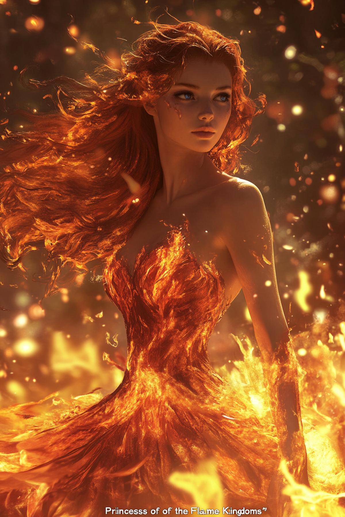 \"Princess of the Flame Kingdoms\": A fiery princess whose dress is made of moving flames and hot metal. Her eyes sparkle with fire, and her hair is a flame, freely swaying in the wind. Torches are burning around her, and in her hands she holds a sword forged from lava. She controls the element of fire, conveying incredible strength and dangerous beauty.