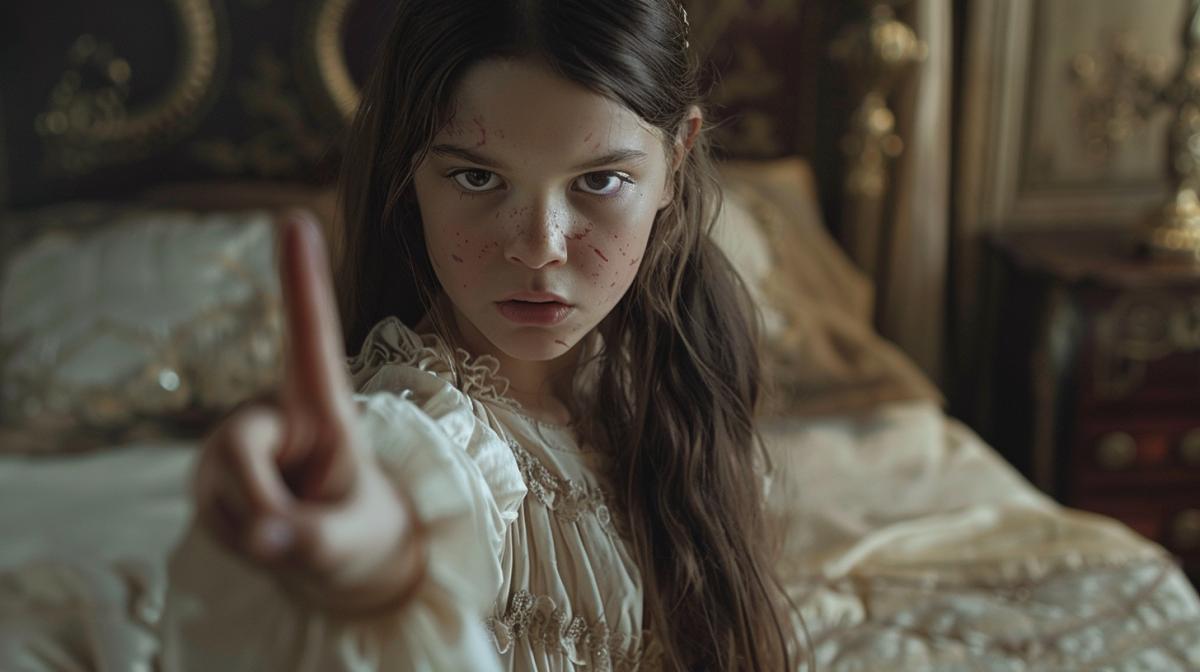 An angry beautiful girl with long hair and a crumpled nightgown stands in front of the bed, raised her hand to the mattress, points her finger under the mattress, a still from a film, the atmosphere of a princess room