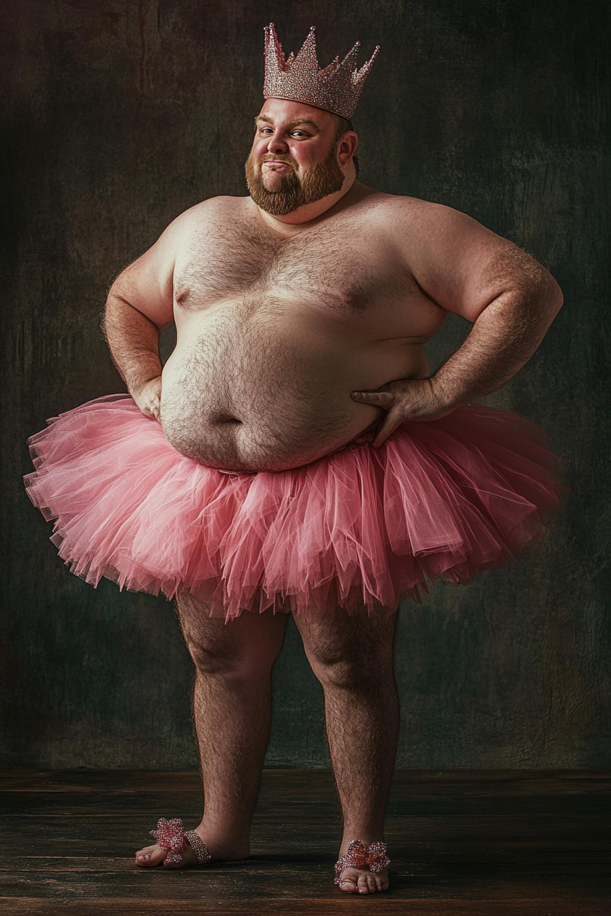 A plump funny man in a full-length pink tulle tutu skirt, with sparkles, he has a crown on his head, humor, photorealism, cute, glamorous
