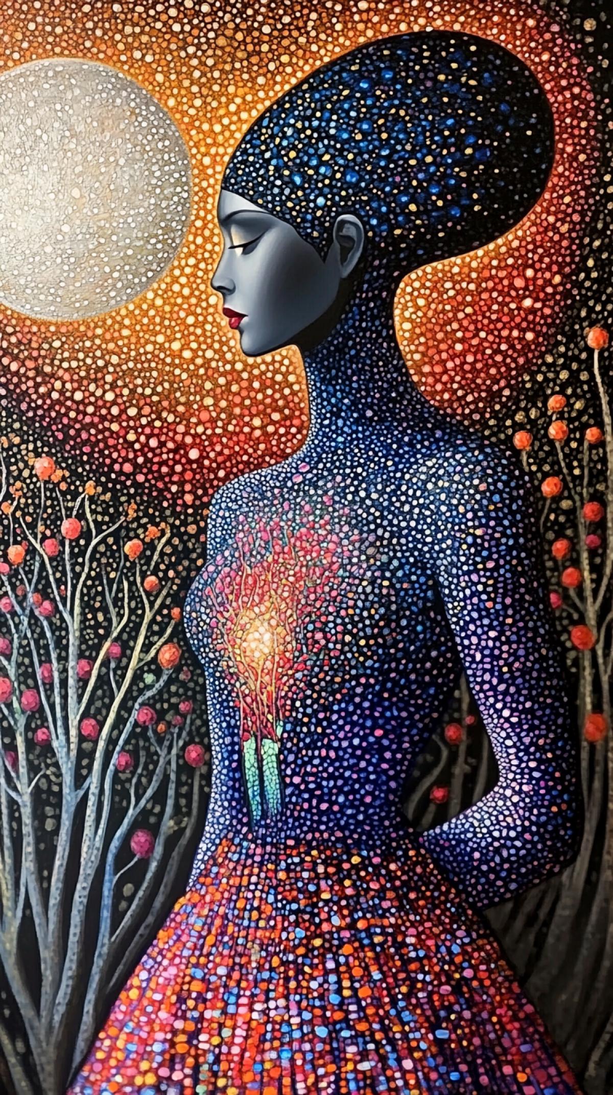 flat, botanical gothic realism, grunge noir moon, gloss opal com4k with medieval landscape, mannequin portrait, posing, extravagant, aesthetic, white, golden, purple