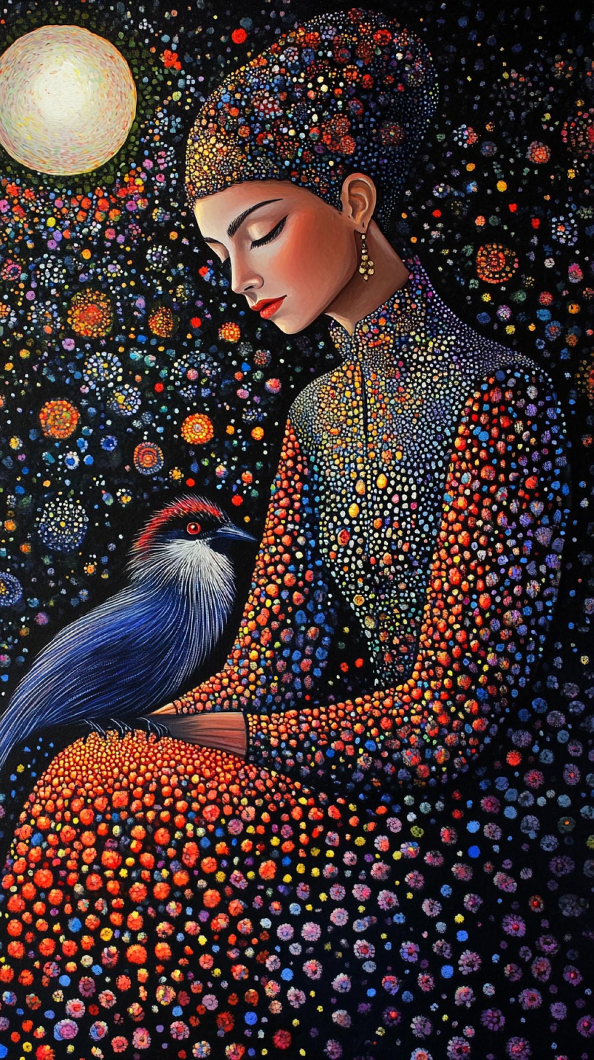 flat, botanical gothic realism, grunge noir moon, glossy opal com4k with medieval landscape, princess Flora portrait, posing with bird, extravagant, aesthetic, white, gold, purple