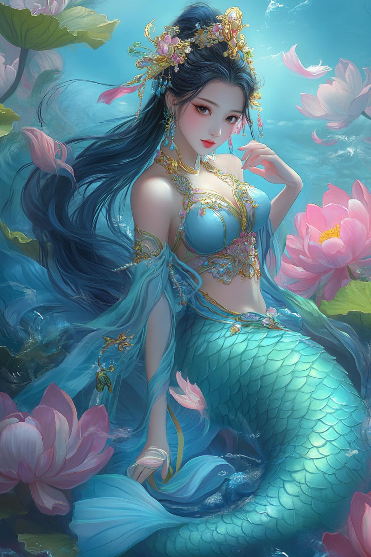 there is a woman that is sitting on a flower, queen of the sea mu yanling, concept art | feng zhu, asian female water elemental, heise-lian yan fang, portrait of mermaid queen, by Lu Zhi, by Xu Wei, full artwork, style of feng zhu, by Zhang Sengyao, by Yun-Fei Ji,