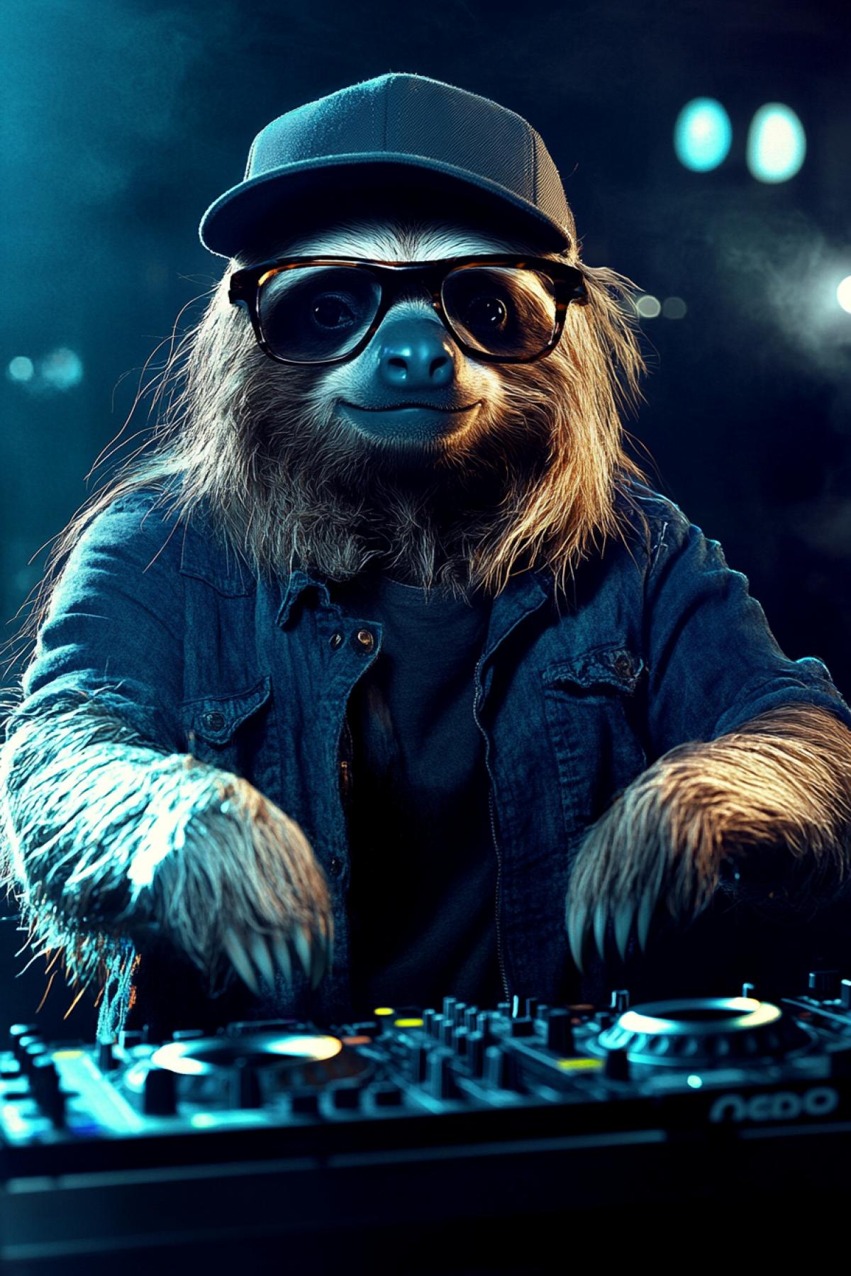 A cute sloth in a baseball cap and glasses behind the DJ desk. Nightclub.