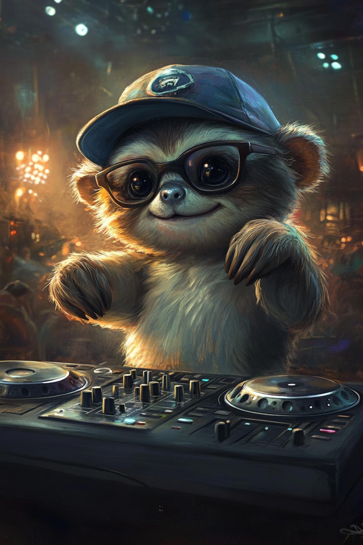 A cute sloth in a baseball cap and glasses behind the DJ desk. Nightclub.