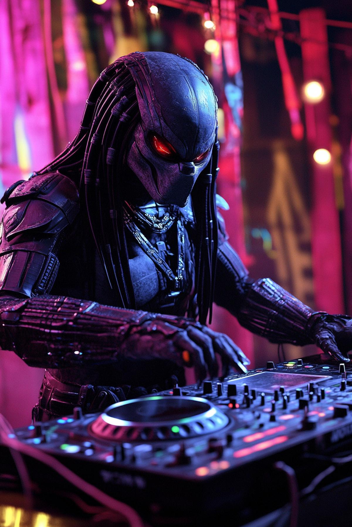 Predator from the movie acts as a DJ at a club party, photorealism, dynamic, funny
