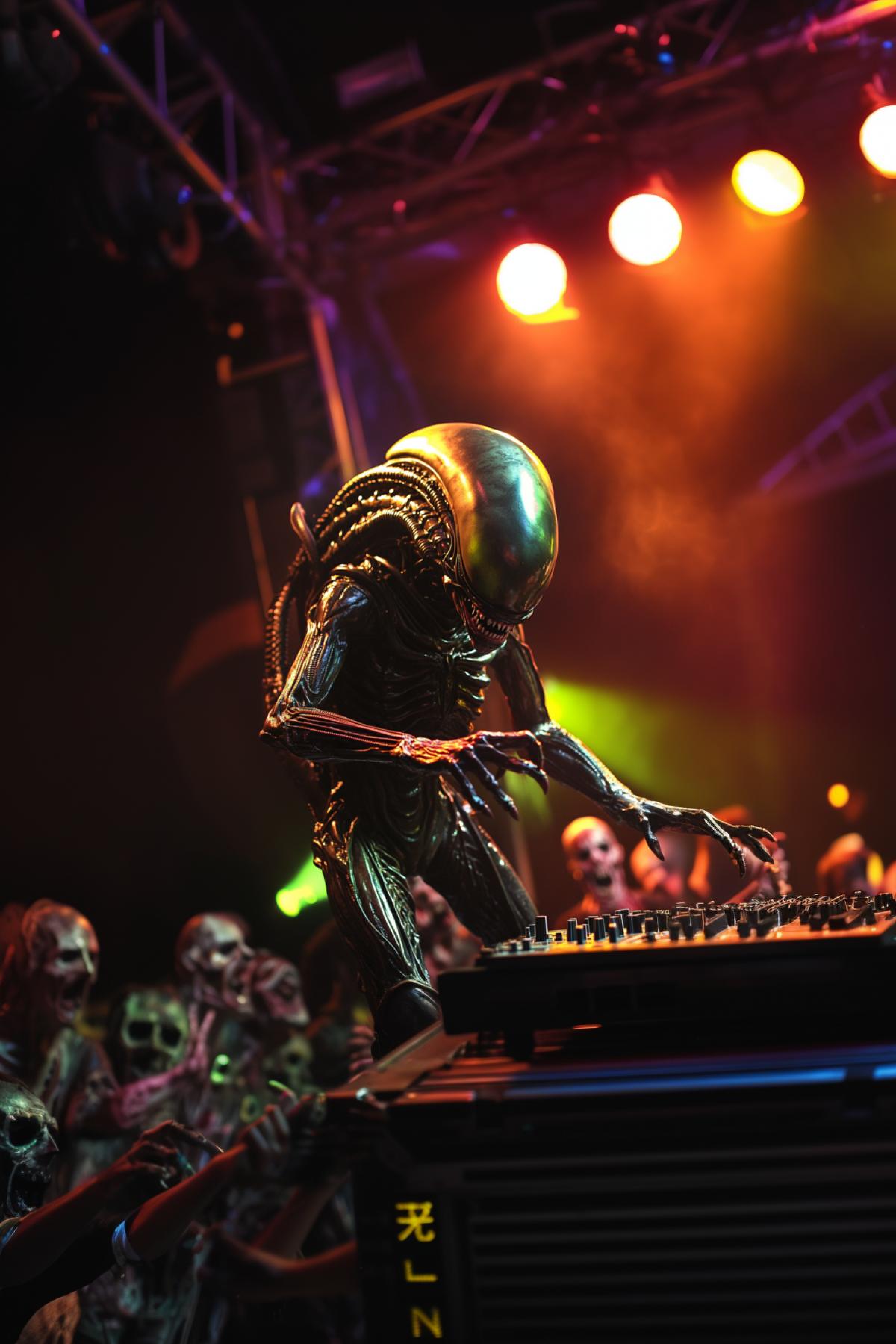Xenomorph as dj dozens zombies dancing around