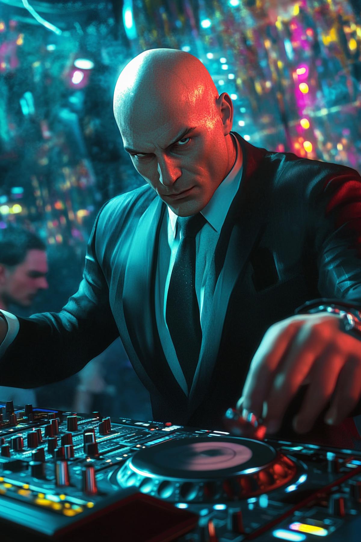 Hitman a character from a computer game acts as a DJ at a cool club party, photorealism, dynamic, funny
