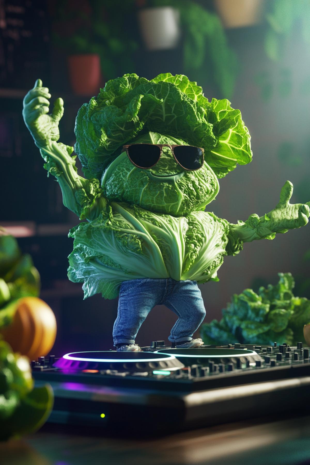 Cabbage jolly character as dj other vegetables dancing realistic illustration in night club