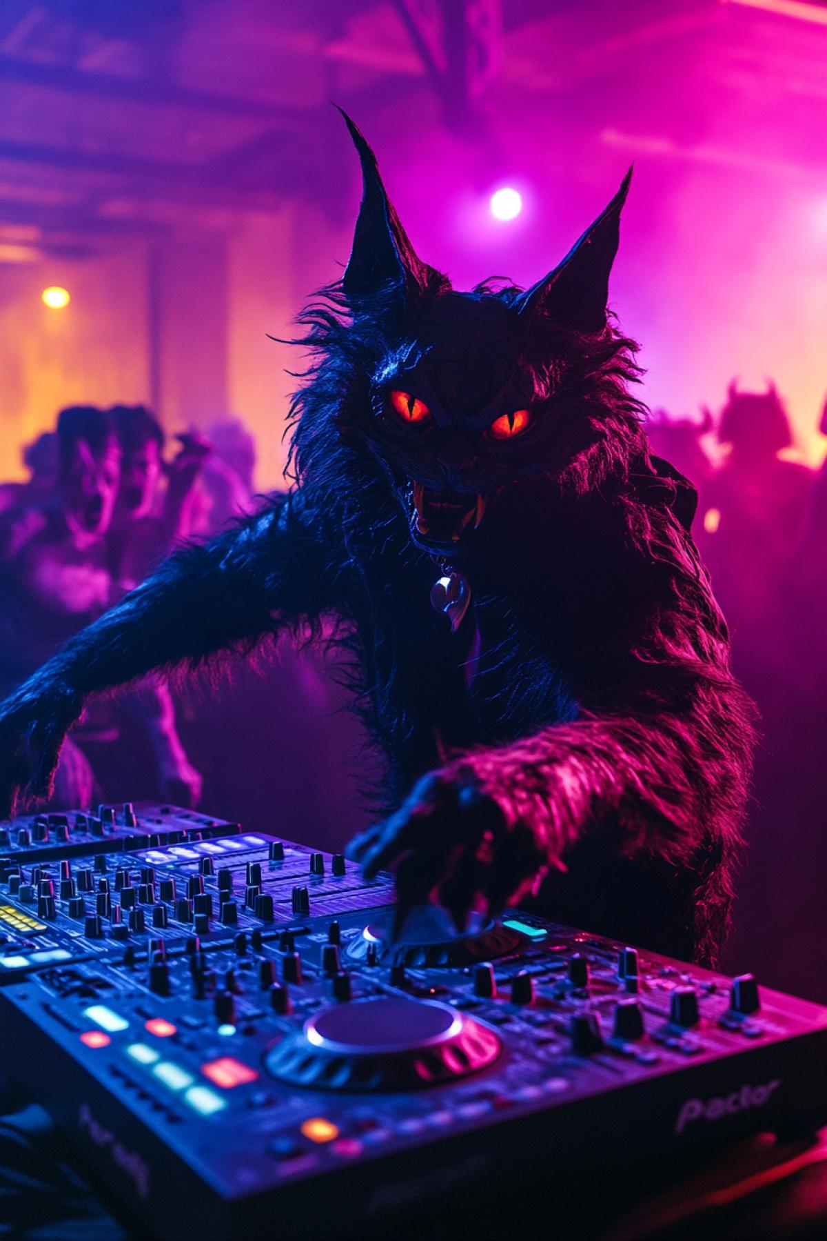 Satans ballroom big dark anthropomorphised cat at djs controller dancing macabre dance epically on the background of lots of unhappy dancing ugly sinners detailed photo devilish vibrant colors
