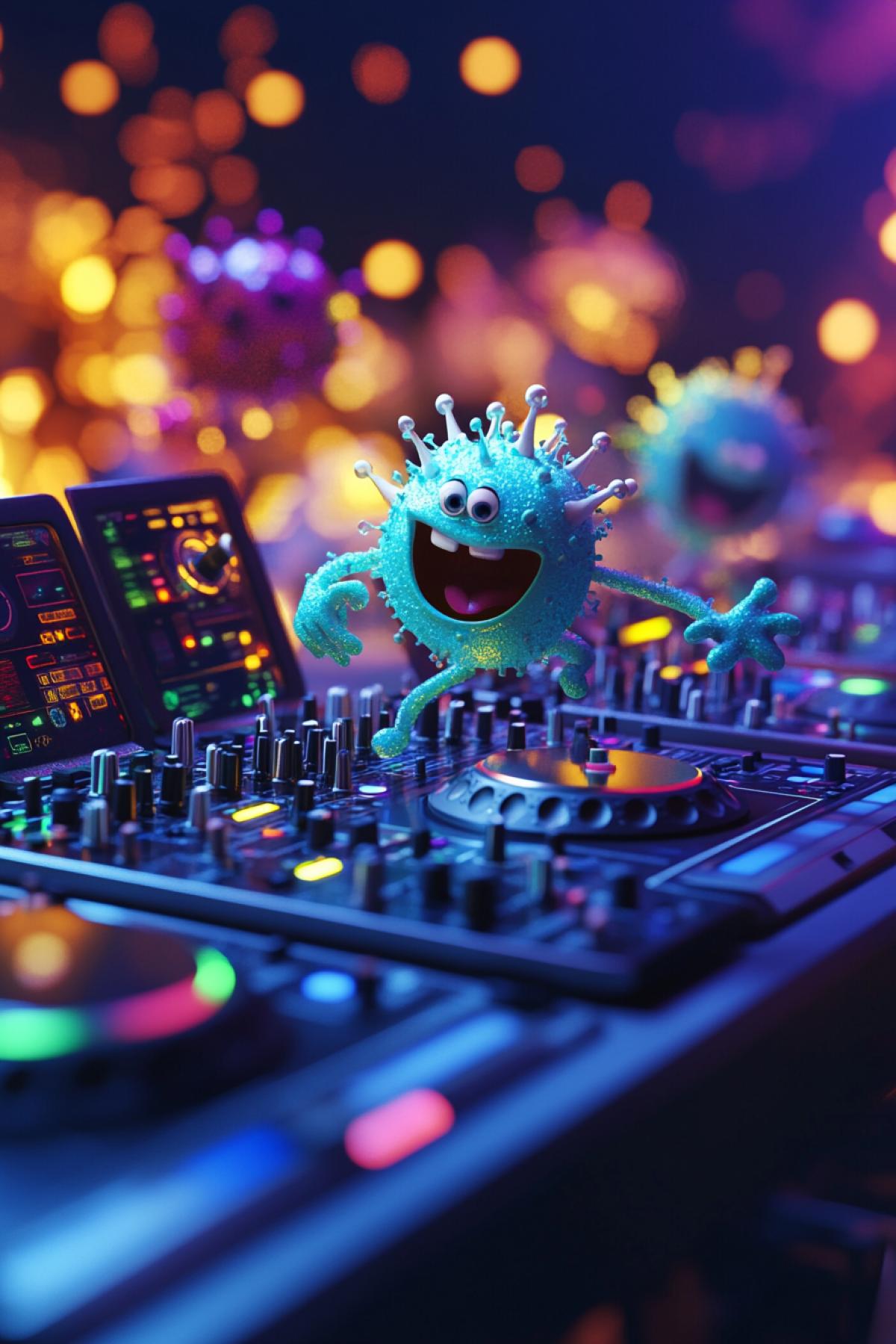 Disco dance party in micro world jolly microbe at DJs console macro photo 3d Pixar ironic illustration