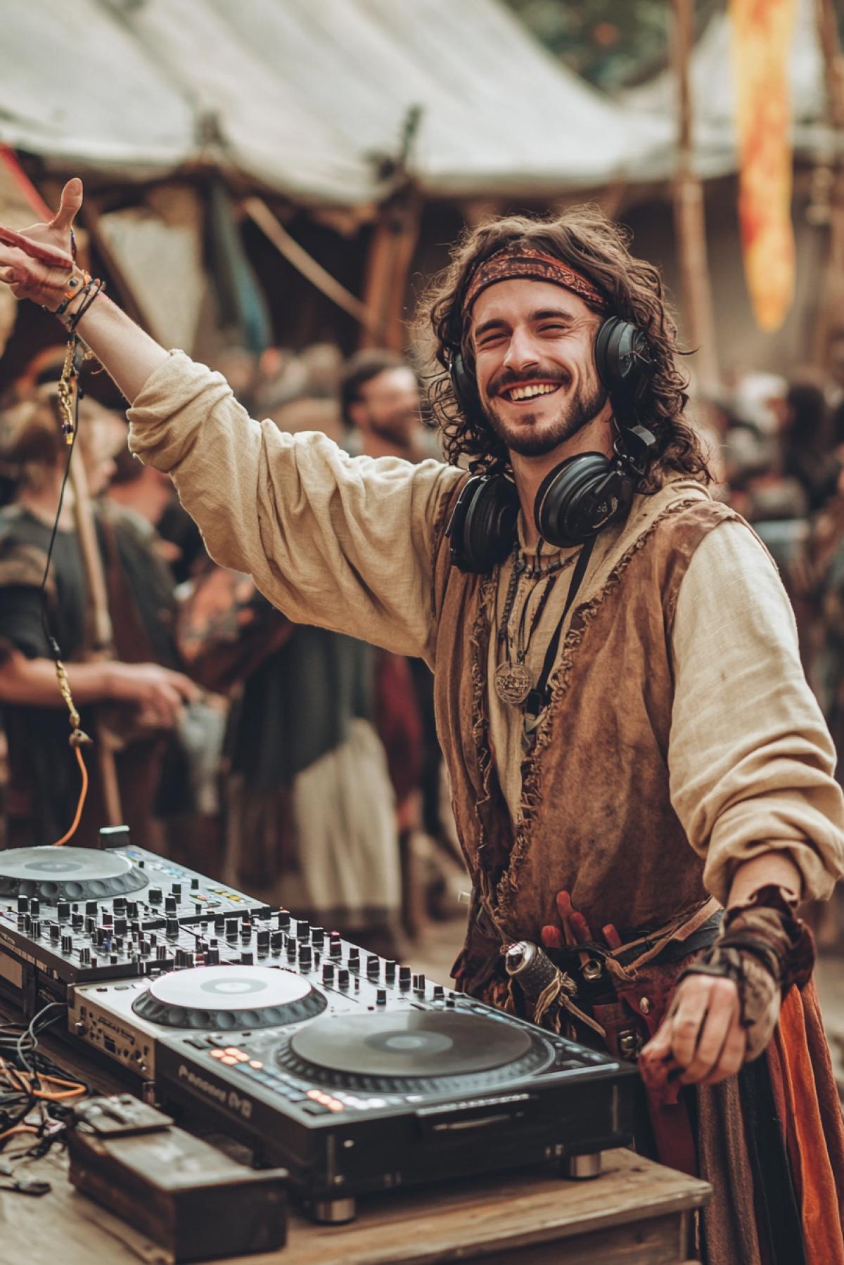 medieval funny builder at DJs console dancing medieval disco party in medieval city squire every s dancing