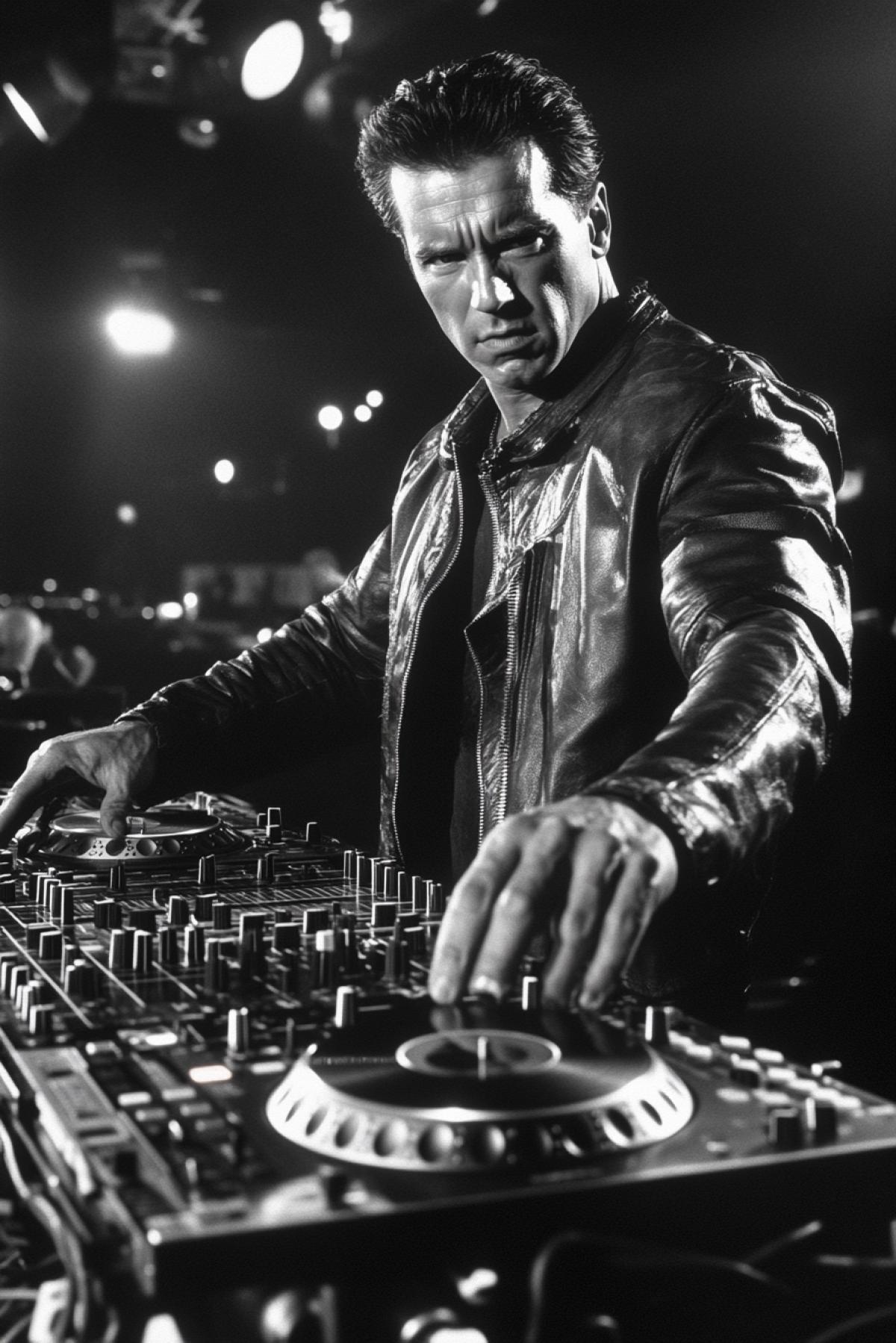 Arnold Schwarzenegger as the Terminator from the movie Terminator 2 stands at the DJ booth with a serious expression. He is playing heavy rock tracks and spinning vinyl records at the DJ console. The setting is a grand nightclub for robots.