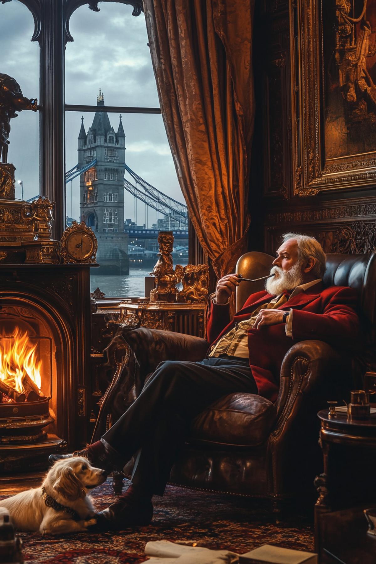 Old greyish British lord winter night near fireplace smoking pipe in comfortable armchair luxury Victorian interior his favourite pet dog at his feet peaceful atmosphere tower bridge behind windows