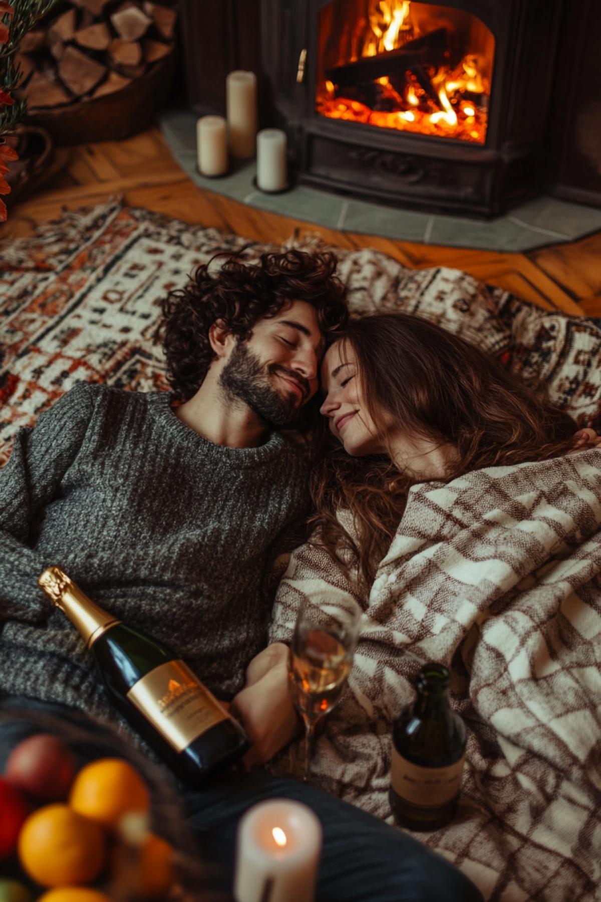 Couple in love lying on carpet near fireplace under checked blanket their clothes everywhere around in mess upon the floor there is opened bottle of champagne standing two glasses fruits in vase candles near them