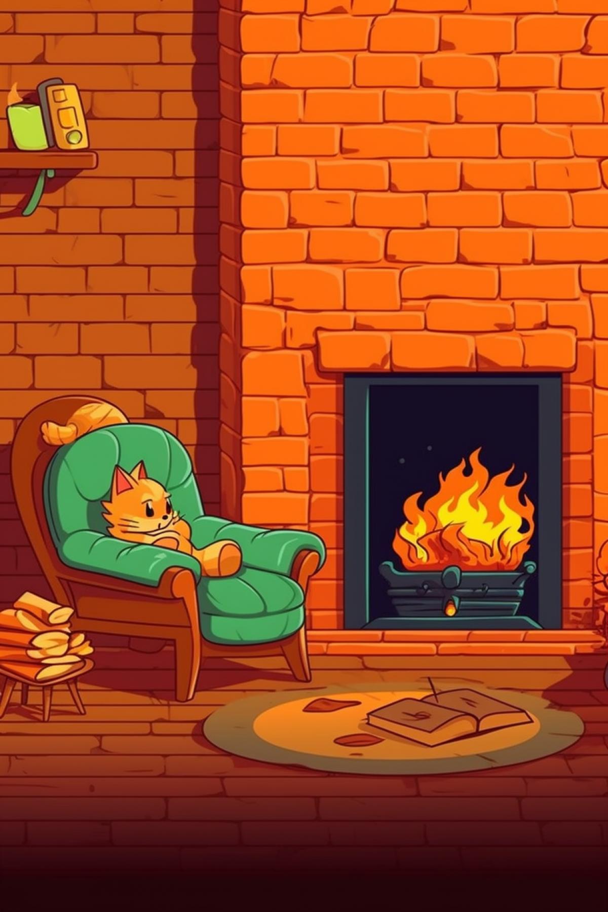 Cozy evening, the cat is sitting by the fireplace in an armchair, in the style of the USSR