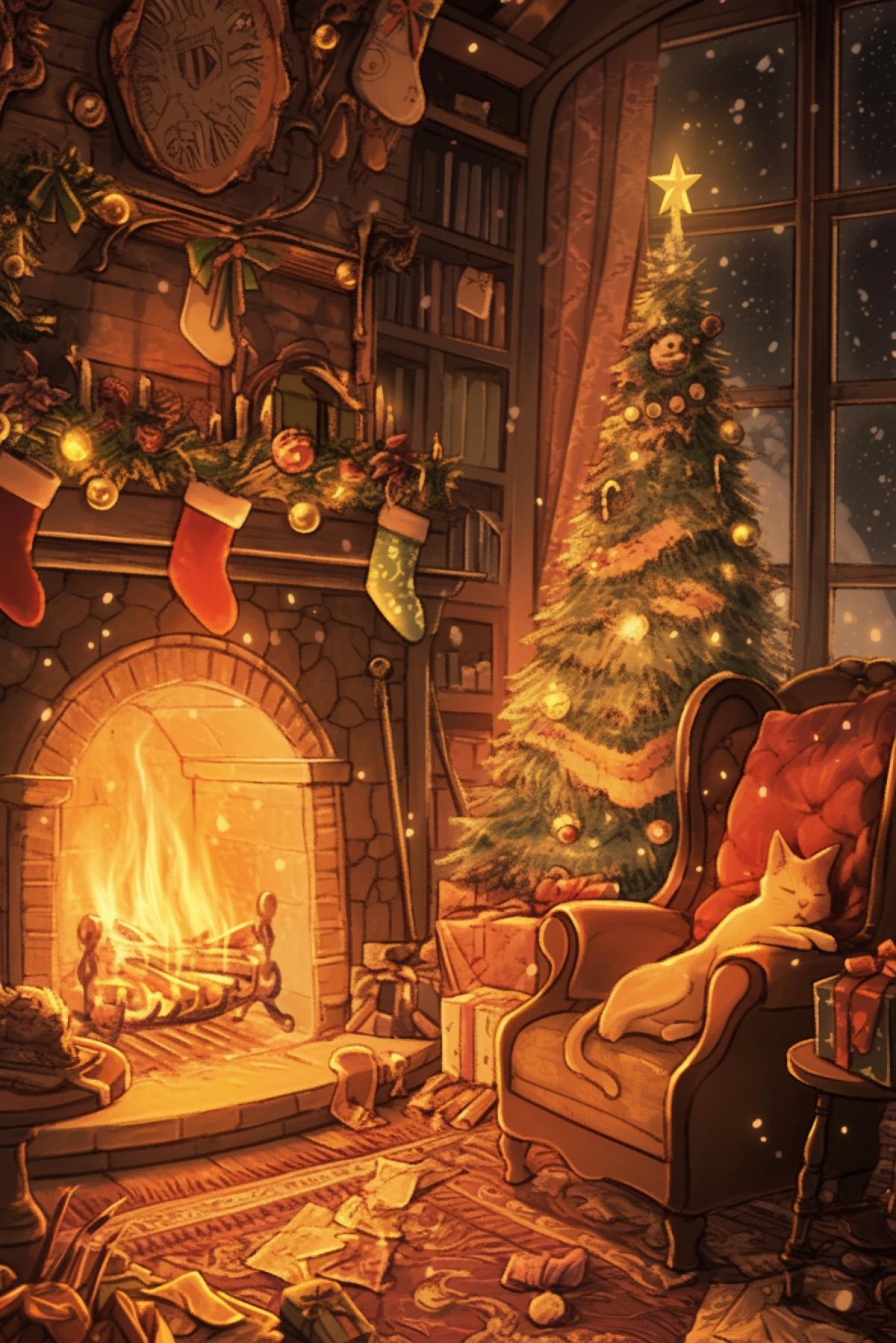 Christmas evening by the fireplace, a Christmas tree with decorations in the corner, an armchair by the fireplace, a cat sleeping in the armchair, Christmas decorations in the room, night outside the window, a snowstorm outside the window, cozy atmosphere, fantasy style, Kazuo Oga Ghibli Background ArtColor Style. Neutral Emotions, Only Background, Light Colors, Little Saturation, detailed costumes