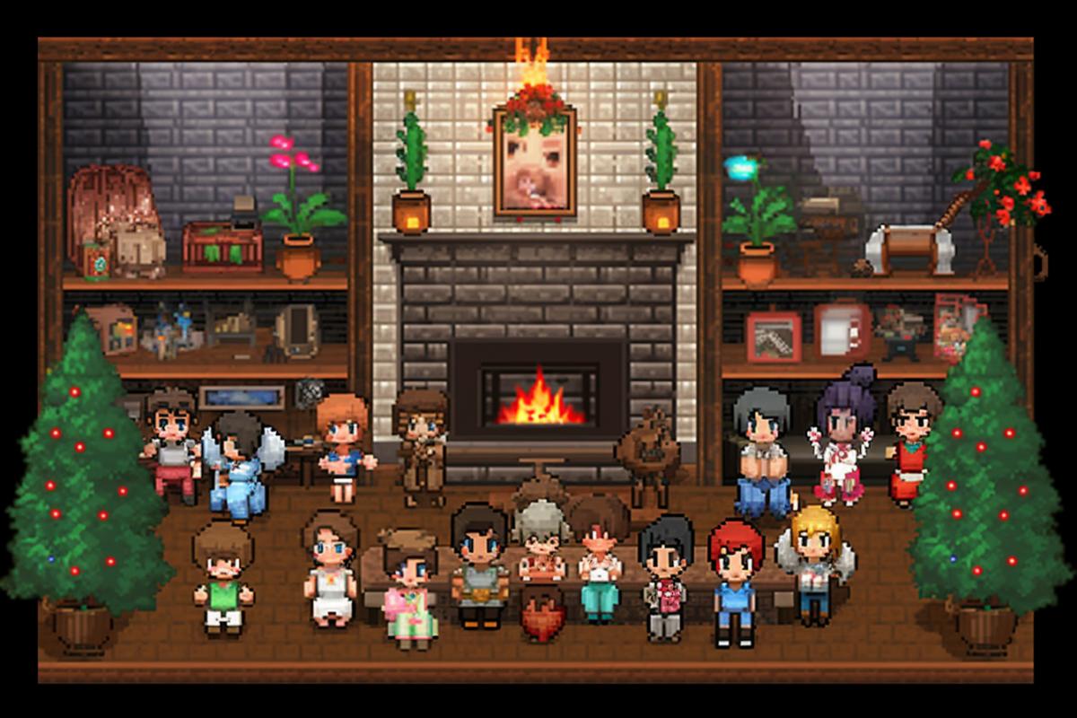 New Years family evening by the fireplace, cozy, pixel art