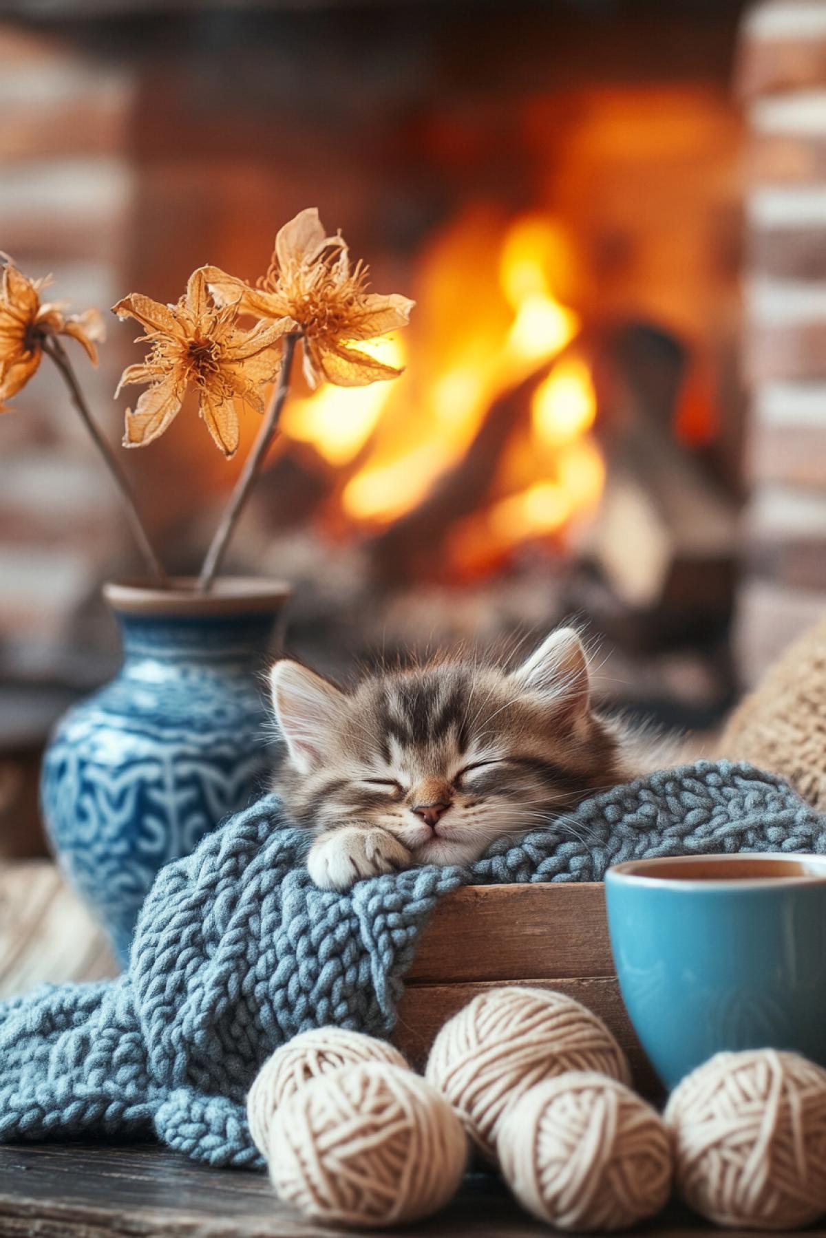 Cute little fluffy kitten sleeping in a box full of balls of yarn, knitted blanket around him, cup of hot cappuccino on coffee table, blue ceramic vase with physalis branch, brick fireplace with burning fire. cozy home atmosphere of autumn morning, photorealistic art in photography style, in warm colors, rays of morning sun